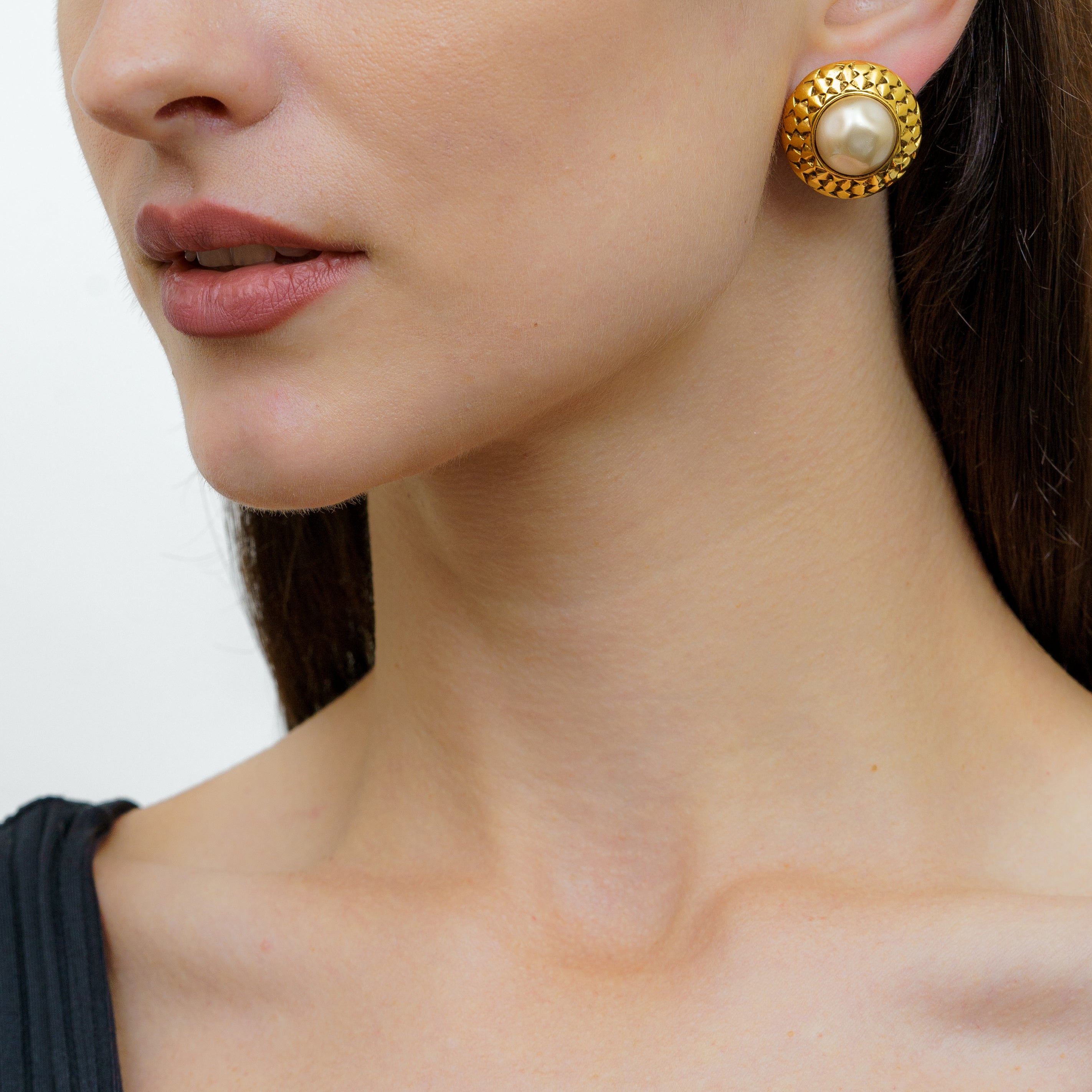 Vintage Chanel Textured Button Earrings with Faux Pearl