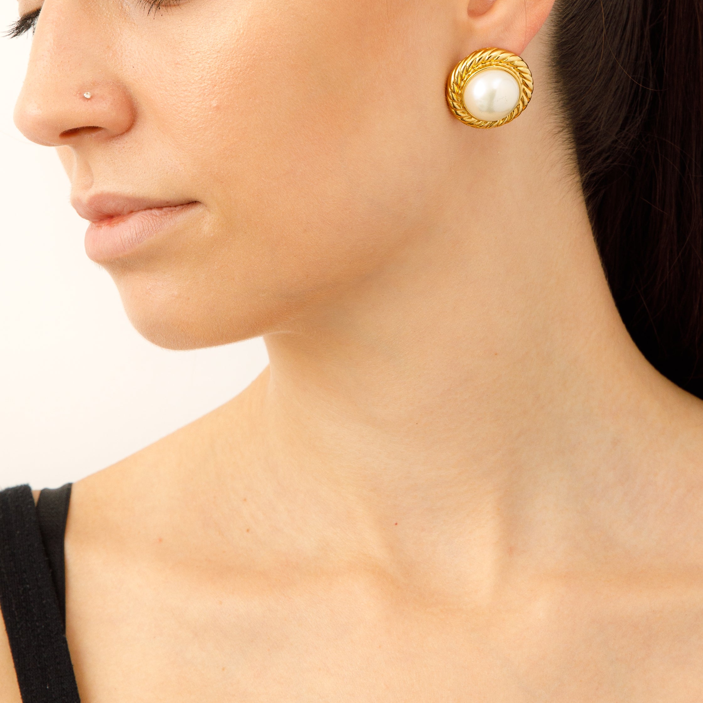 Vintage faux pearl button earrings on model