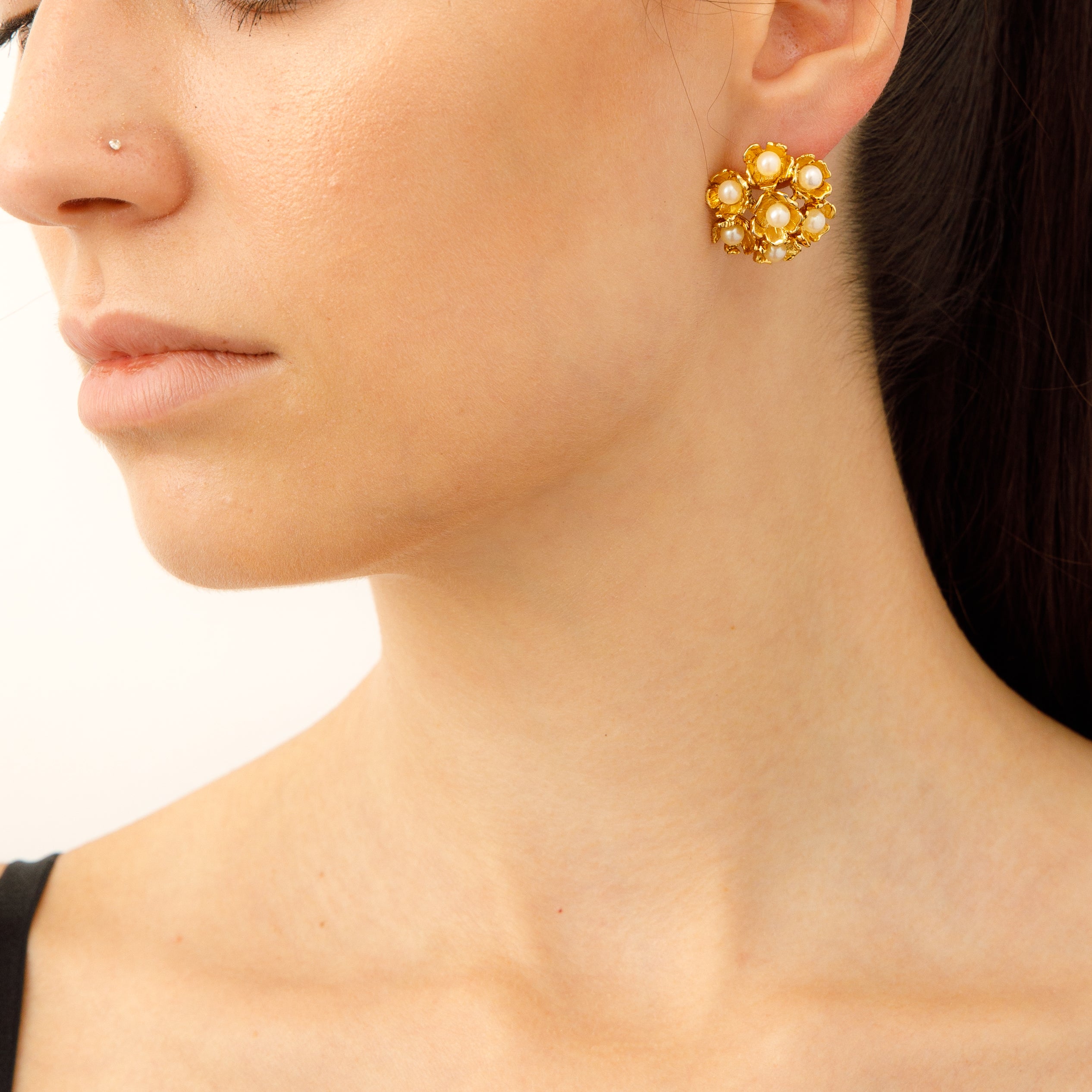 Vintage Floral Pearl Foliate Earrings on model