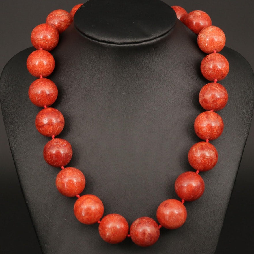 Hand Knotted Coral Bead Necklace with Sterling Silver