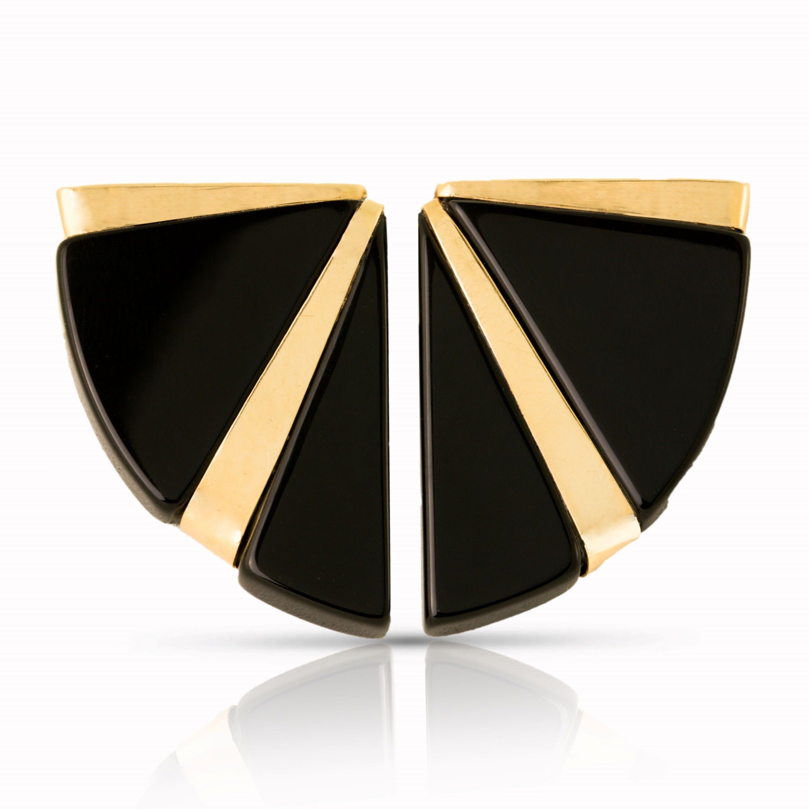 Vintage fan-shaped geometric earrings in 14ct gold and black onyx.