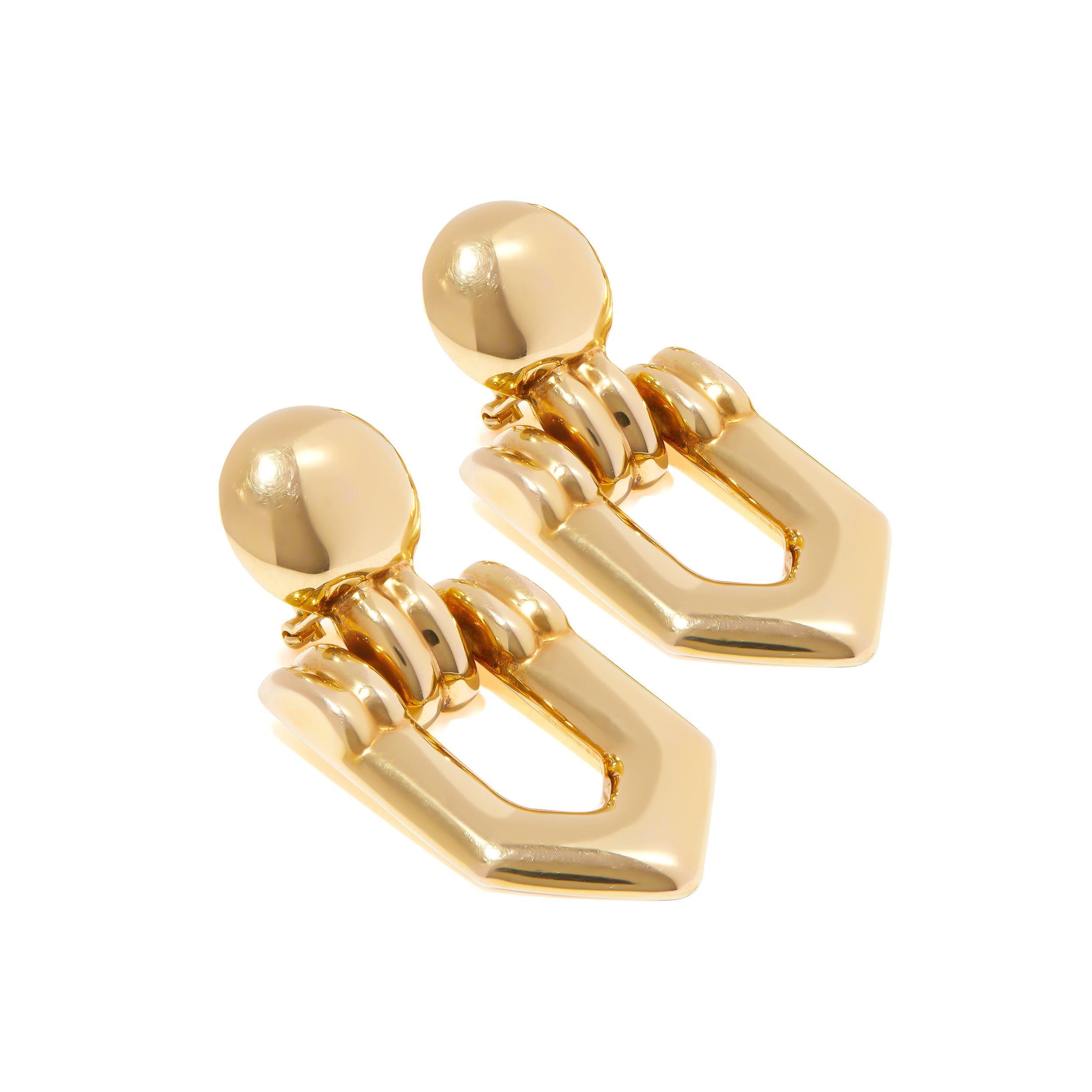 Italian 1980s-1990s 14ct gold dangle earrings in hinged door knocker design.