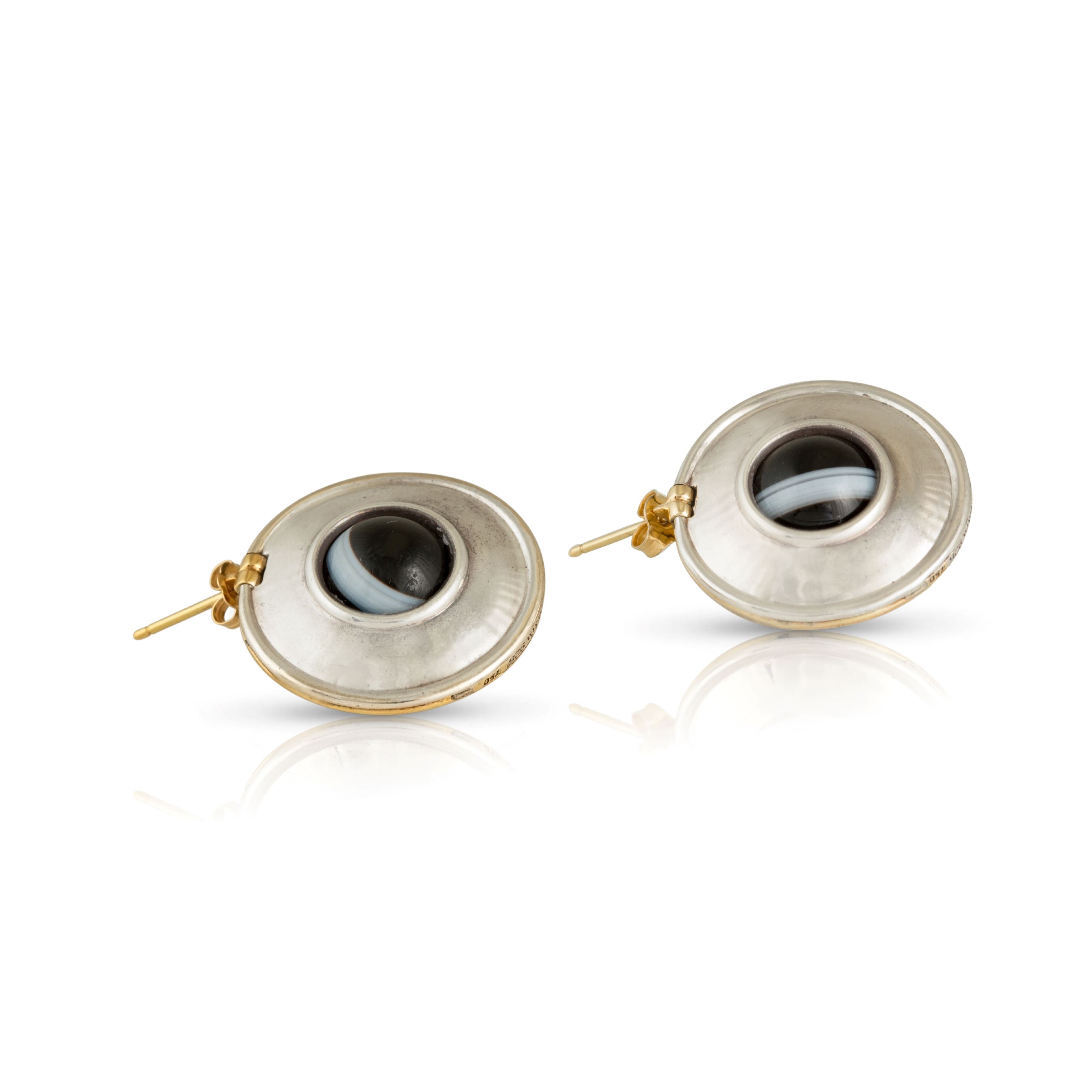 Reversible disc earrings with bull’s eye agate shown on the oxidised sterling silver side