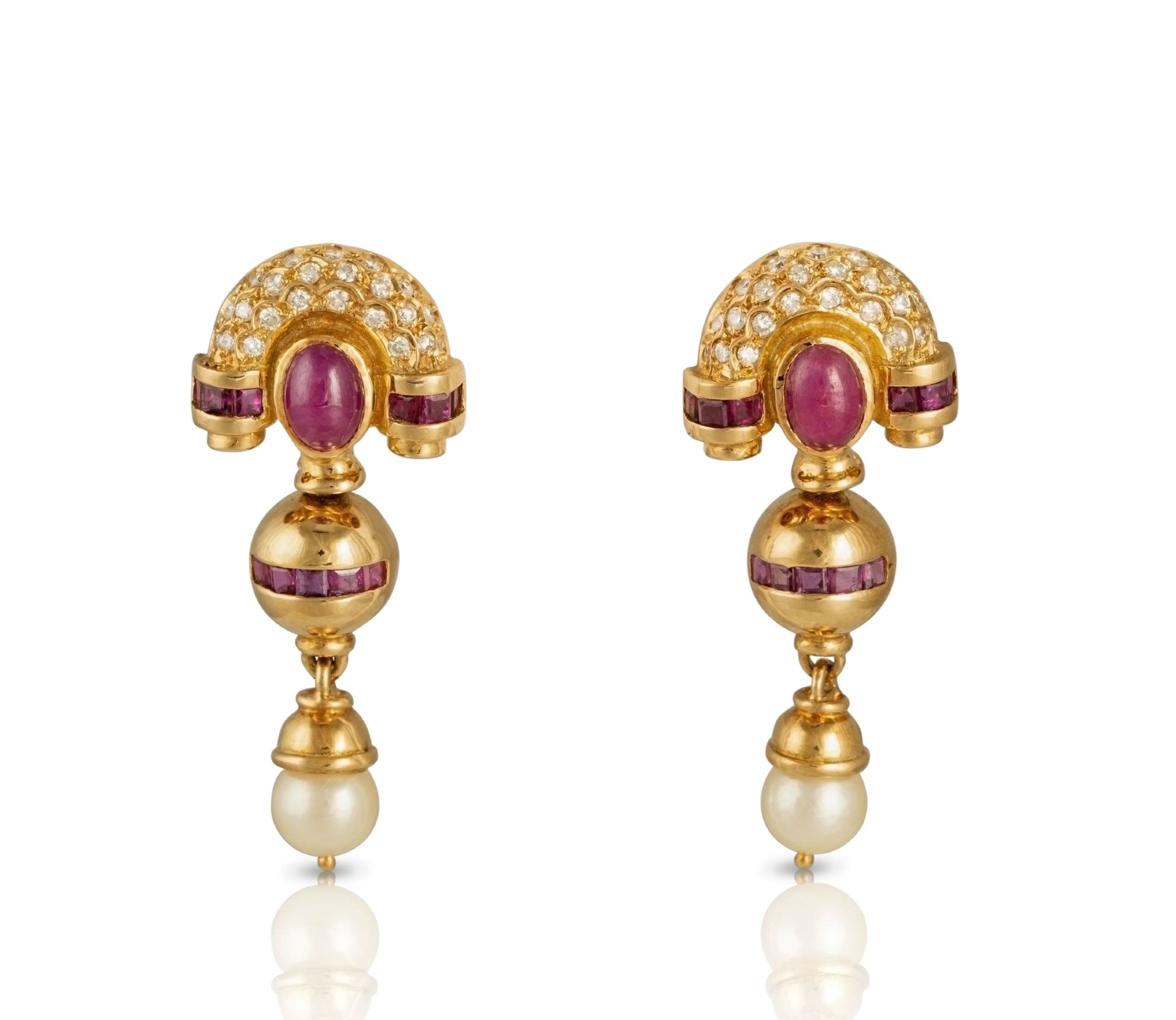 Vintage gold dangle earrings with rubies, diamonds, and cultured pearl drops.