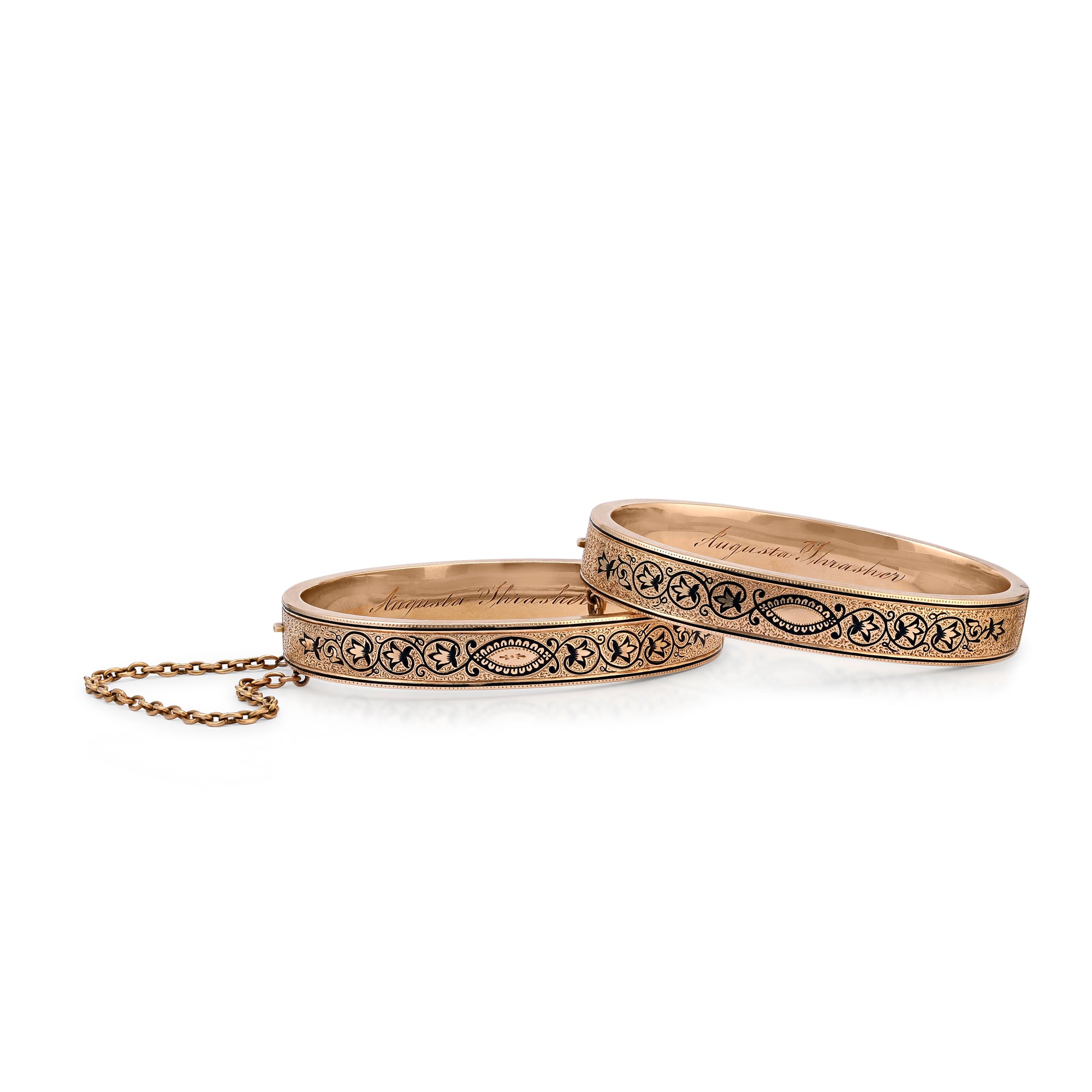 Antique set of Victorian wedding bangles with floral motif in taille d'epargné. 