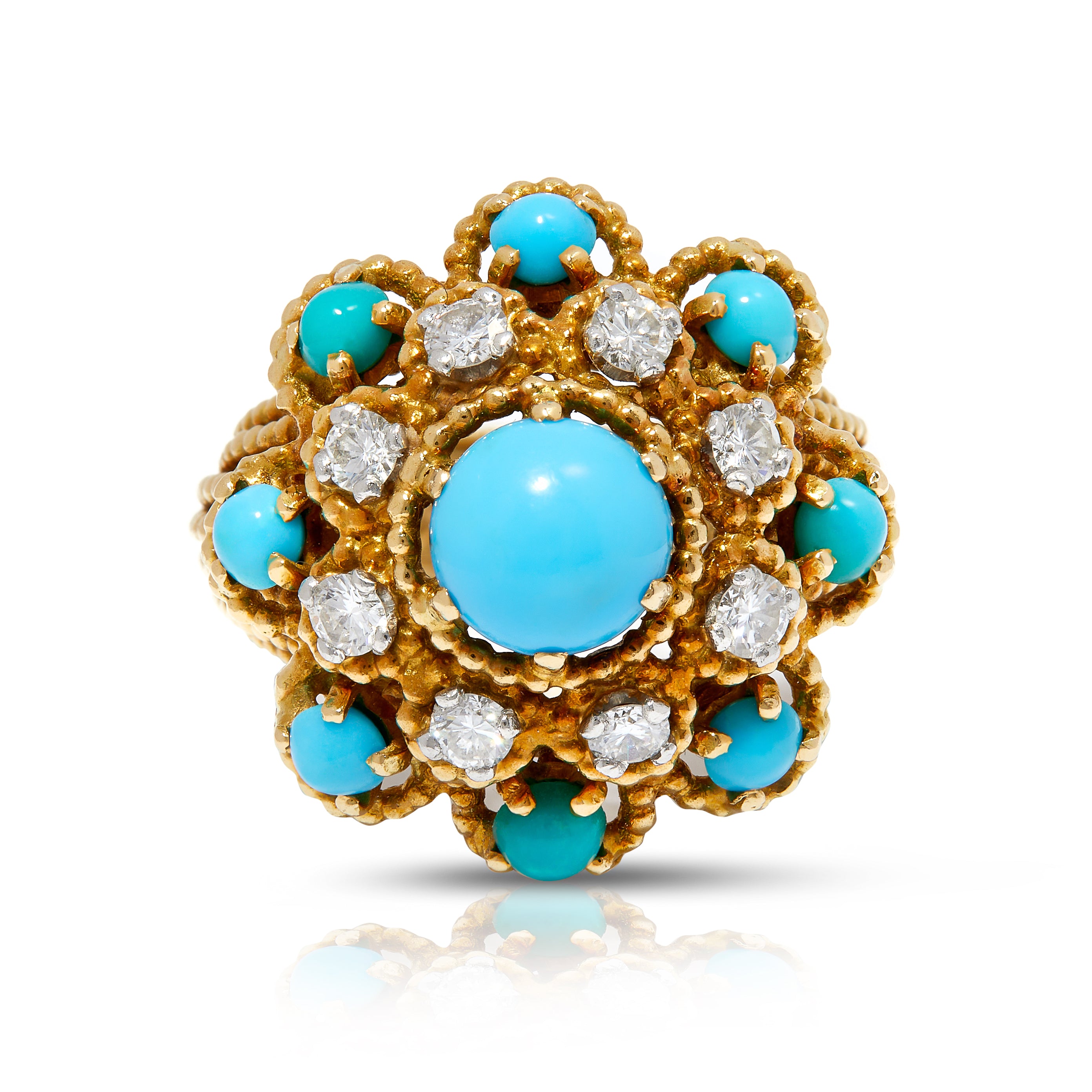18ct gold dress ring with turquoise and diamonds.