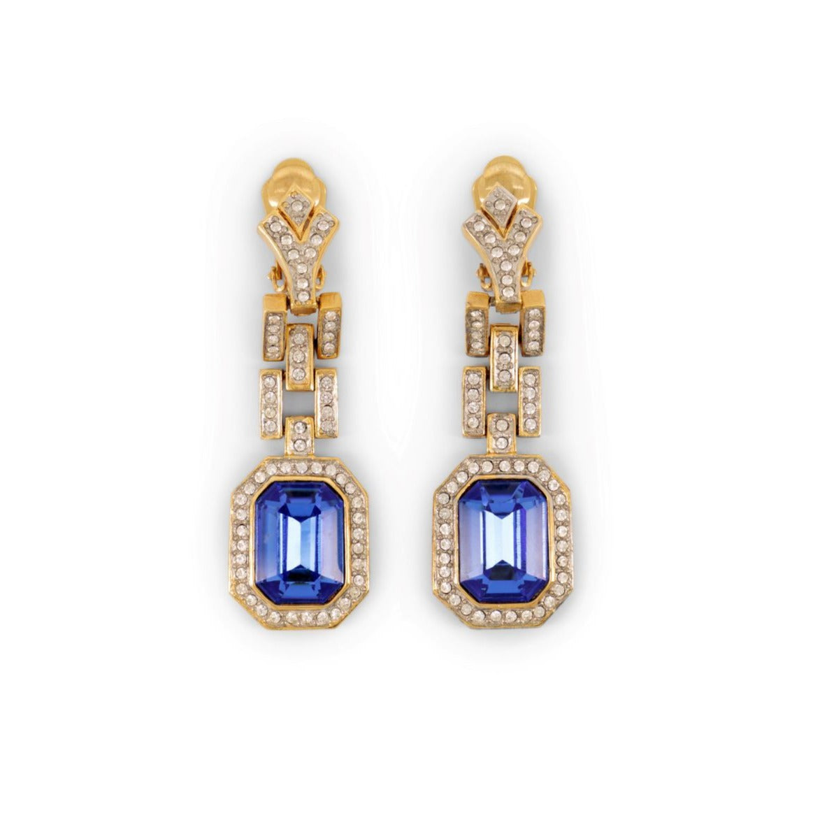 Blue Glass and Rhinestone Drop Ear Clips
