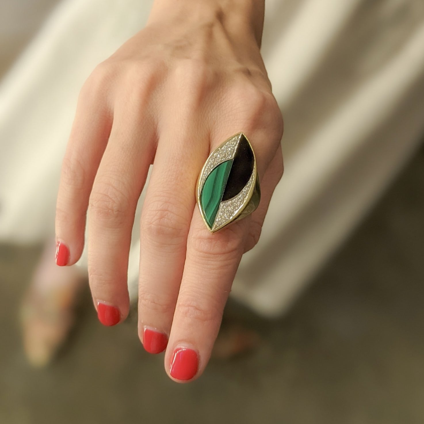 Vintage  La Triomphe Black Onyx, Malachite and Diamond Ring