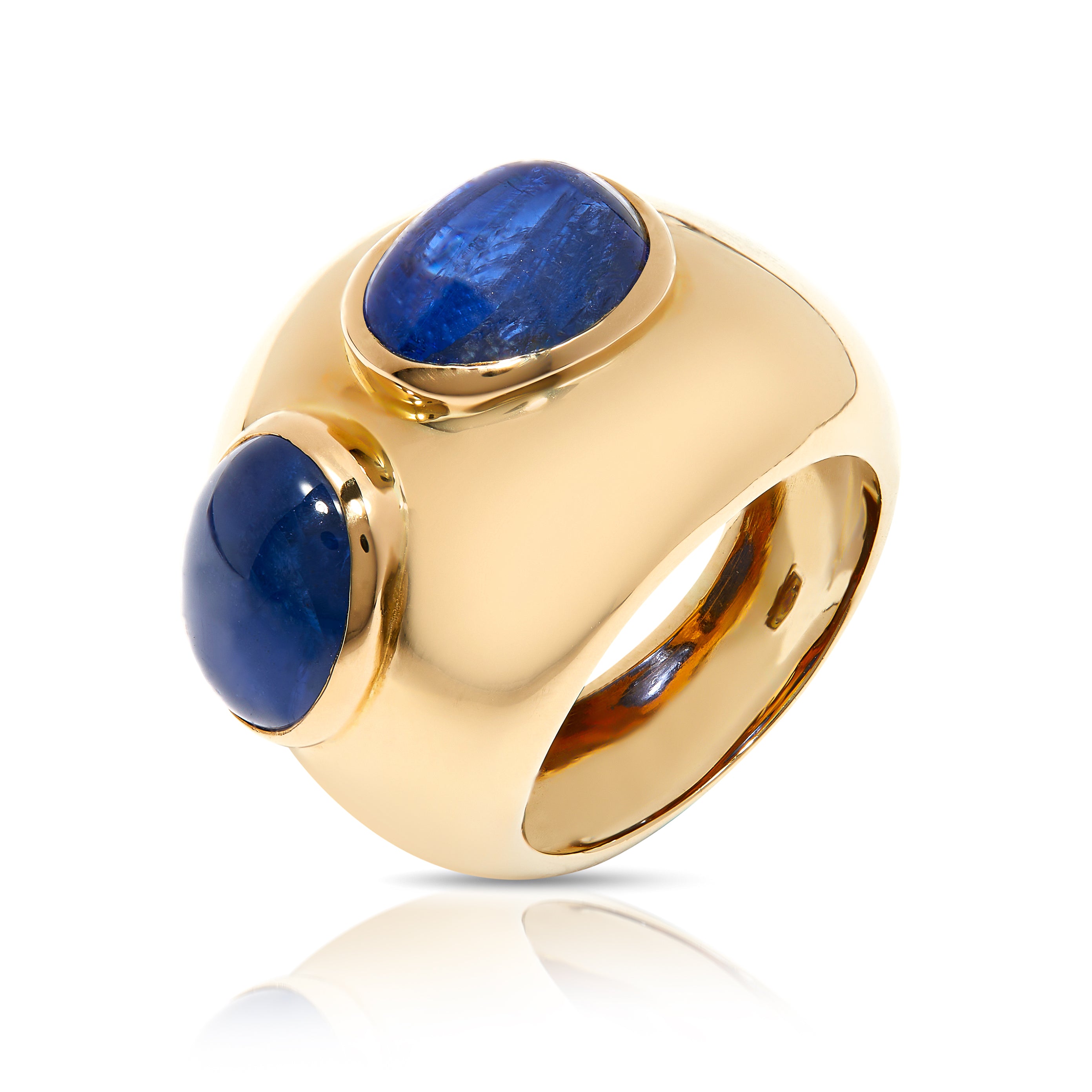Bombé 18ct gold cocktail ring with two sapphire cabochons.