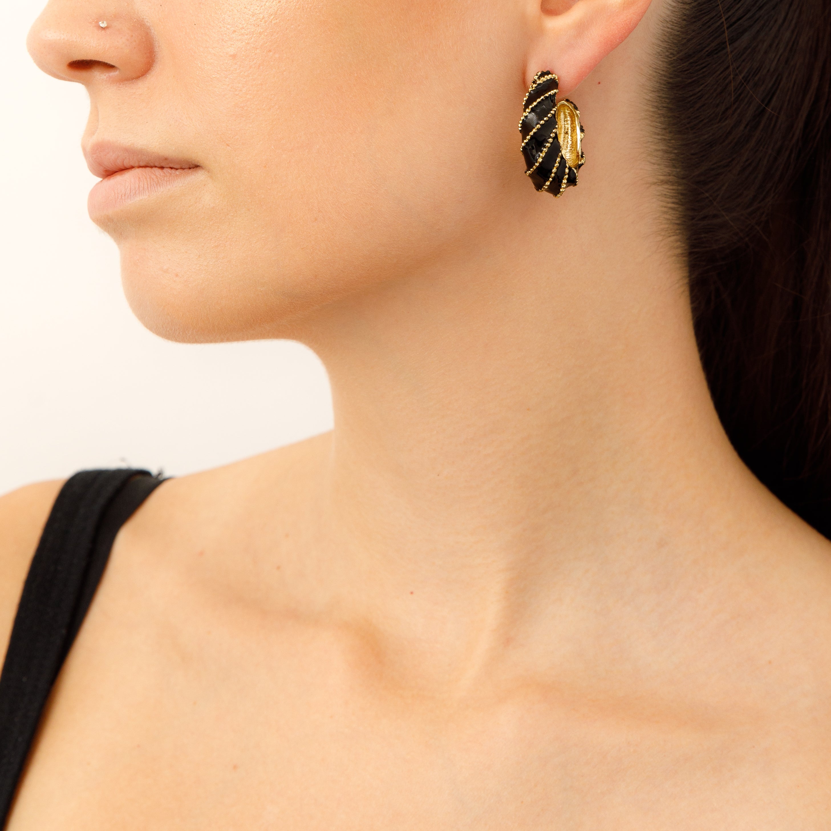 Vintage Kenneth Jay Lane black Enamel Hoop Earrings on model