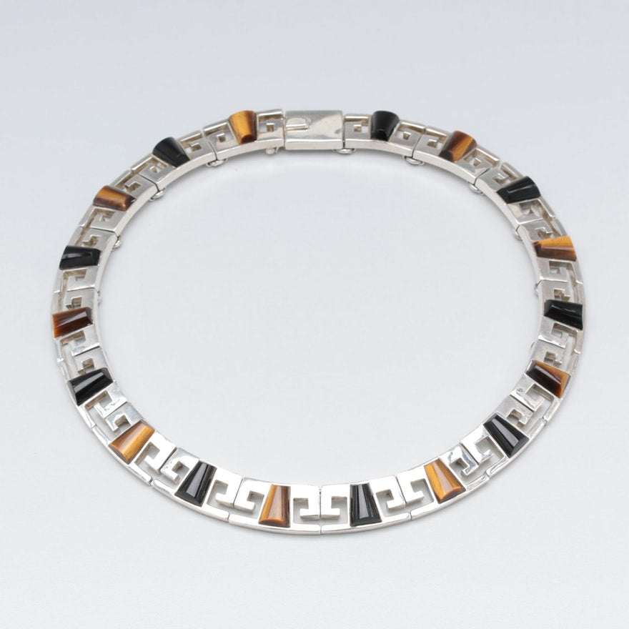 YazJewels Contemporary Silver Collar Necklace with Onyx and Tiger Eye Stones