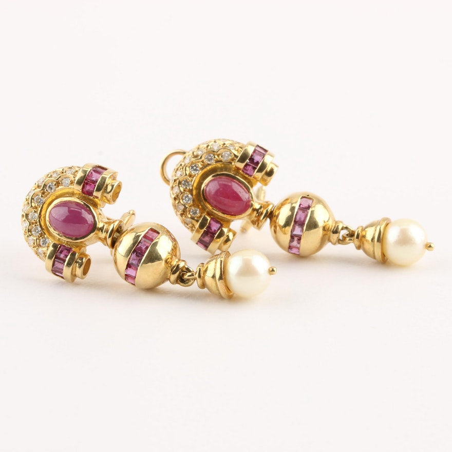  Vintage gold ruby earrings with diamonds and pearl drops. 