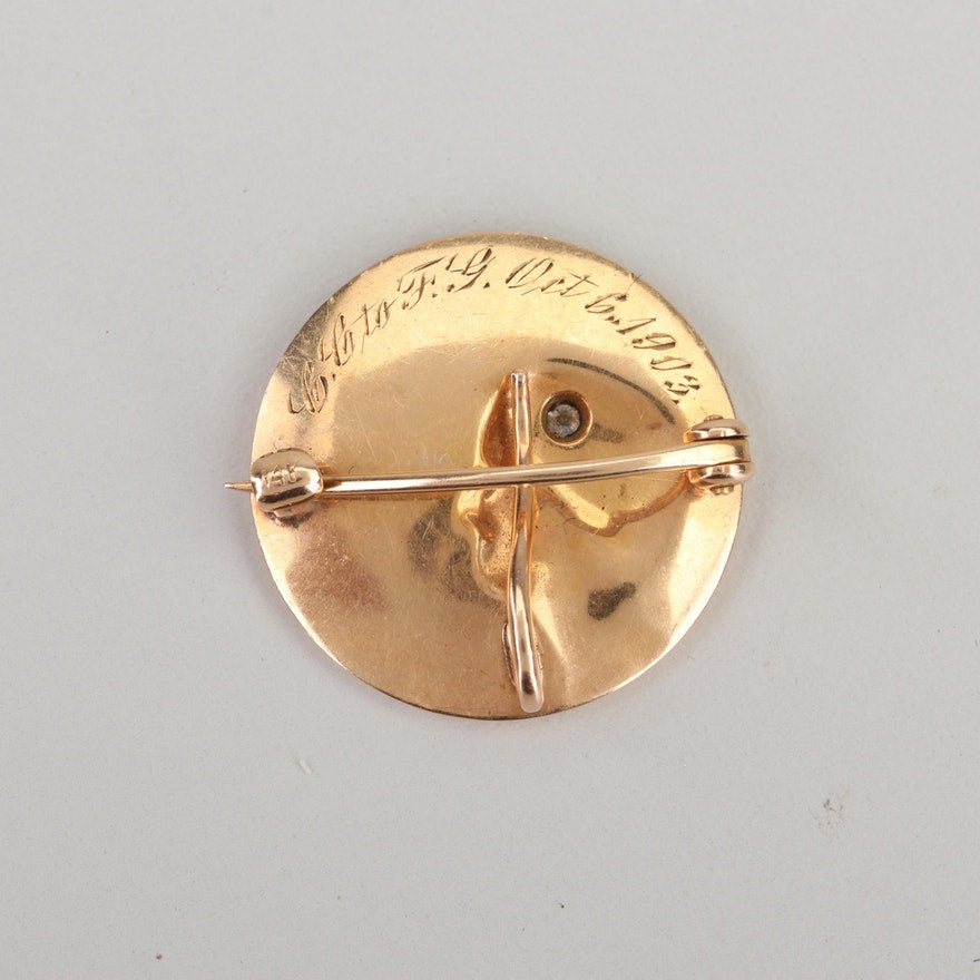 14K hallmark and inscription reading ‘CC to FG Oct 6 1903’ on the back of antique monogrammed brooch.