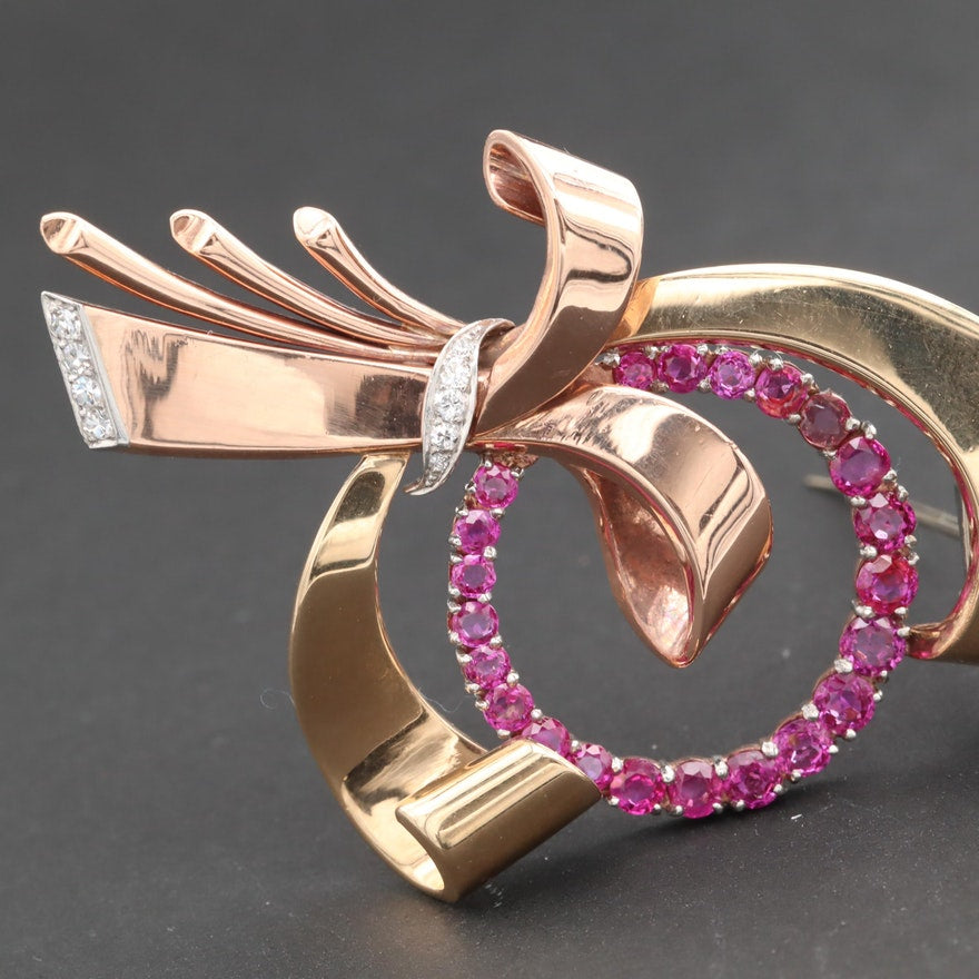 Retro Rose Gold Ruby ad Diamond Brooch