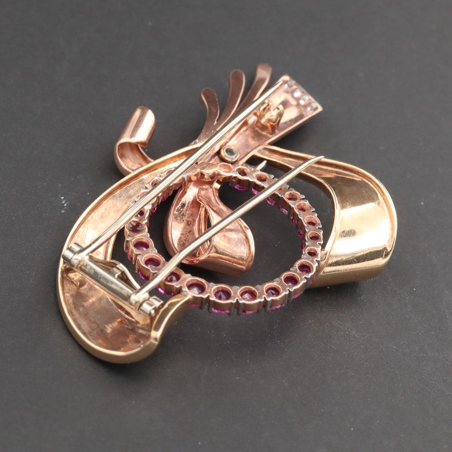 Retro Rose Gold Ruby ad Diamond Brooch