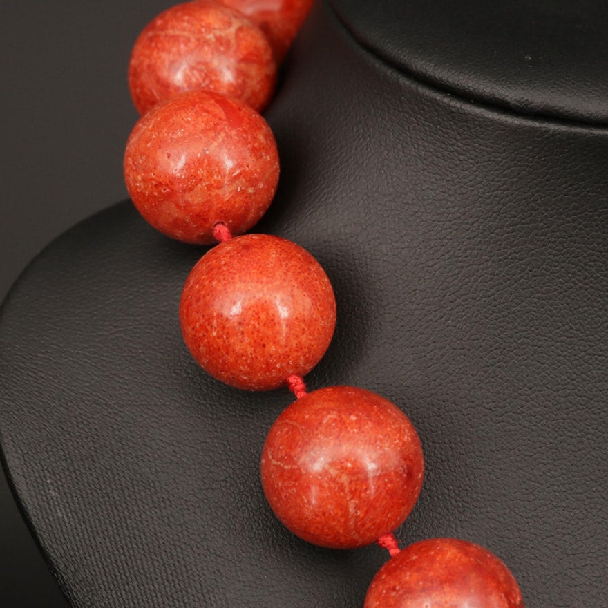 Hand Knotted Coral Bead Necklace with Sterling Silver
