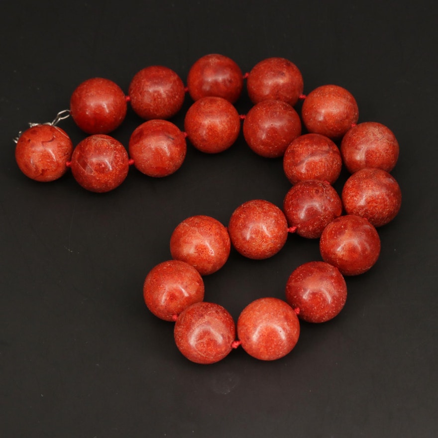 Hand Knotted Coral Bead Necklace with Sterling Silver