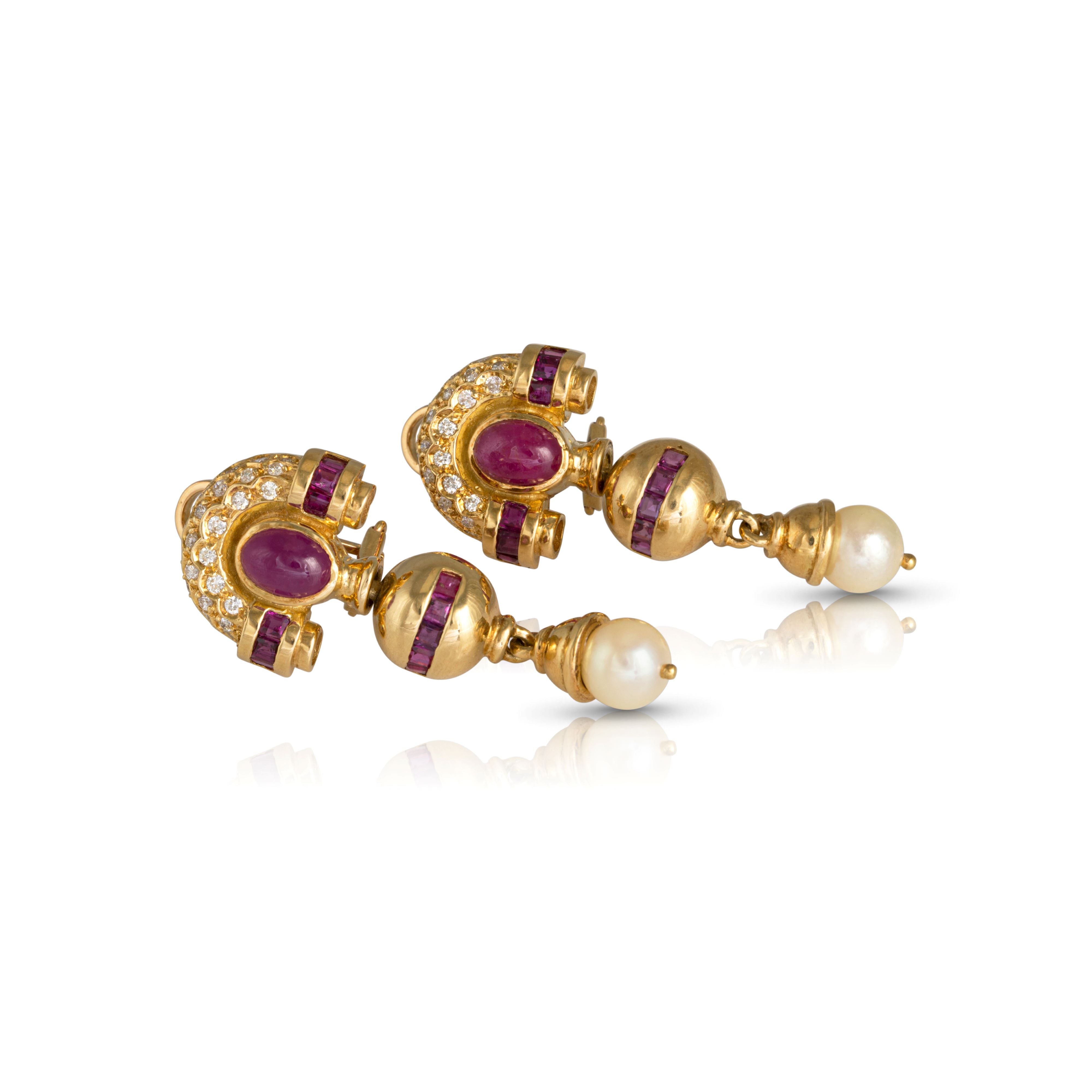 Diamond and ruby earrings in 18ct gold with pearl drops. 