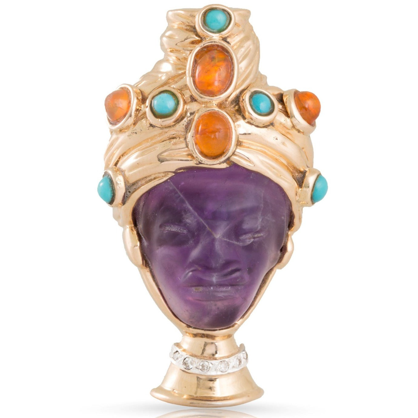  Gemstone ring with amethyst-carved blackamoor face, opal, turquoise, and diamonds. 