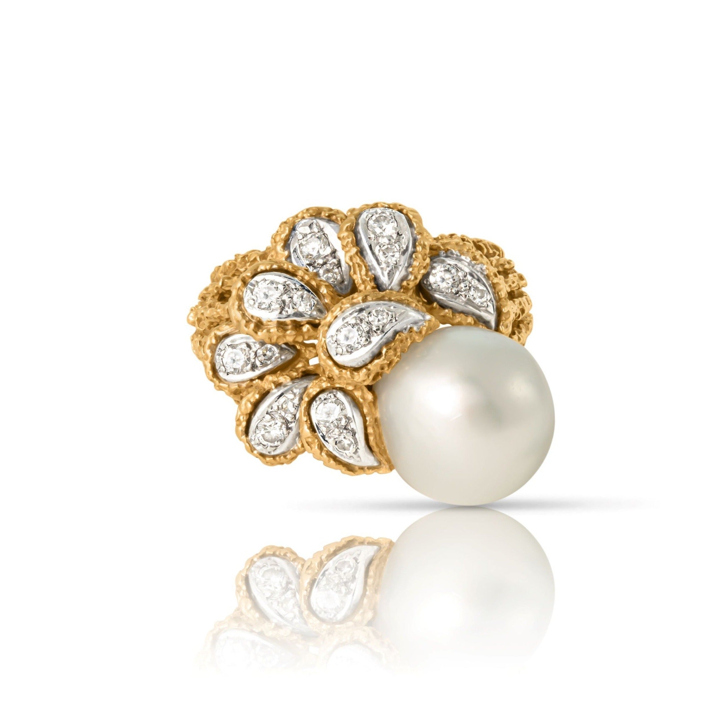 18K 珍珠和钻石纹理叶状戒指