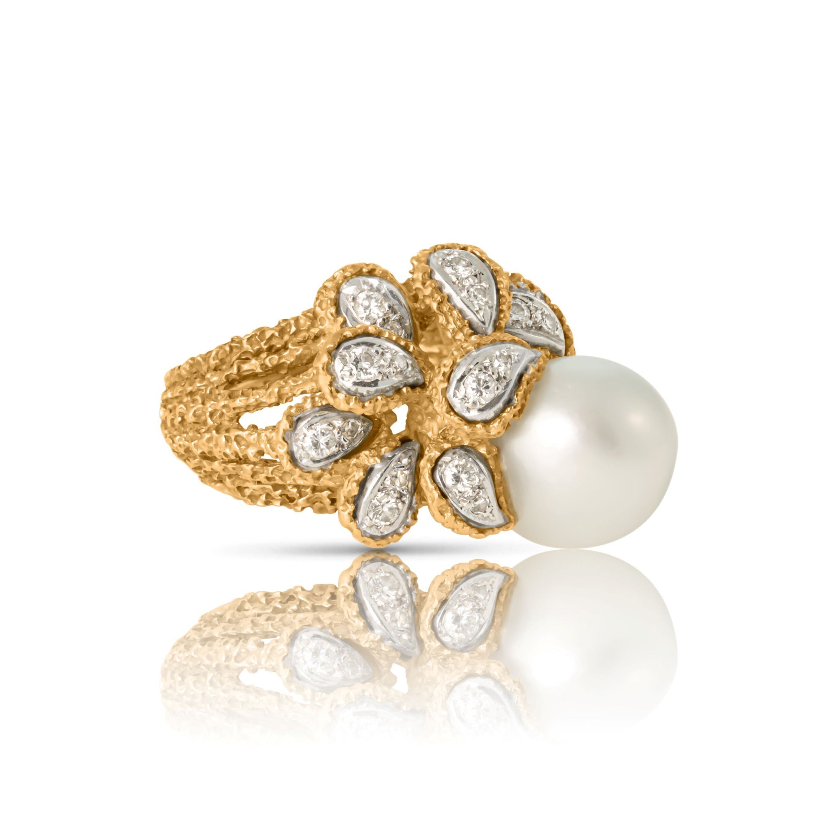 18K Pearl and Diamond Textured Foliate Ring