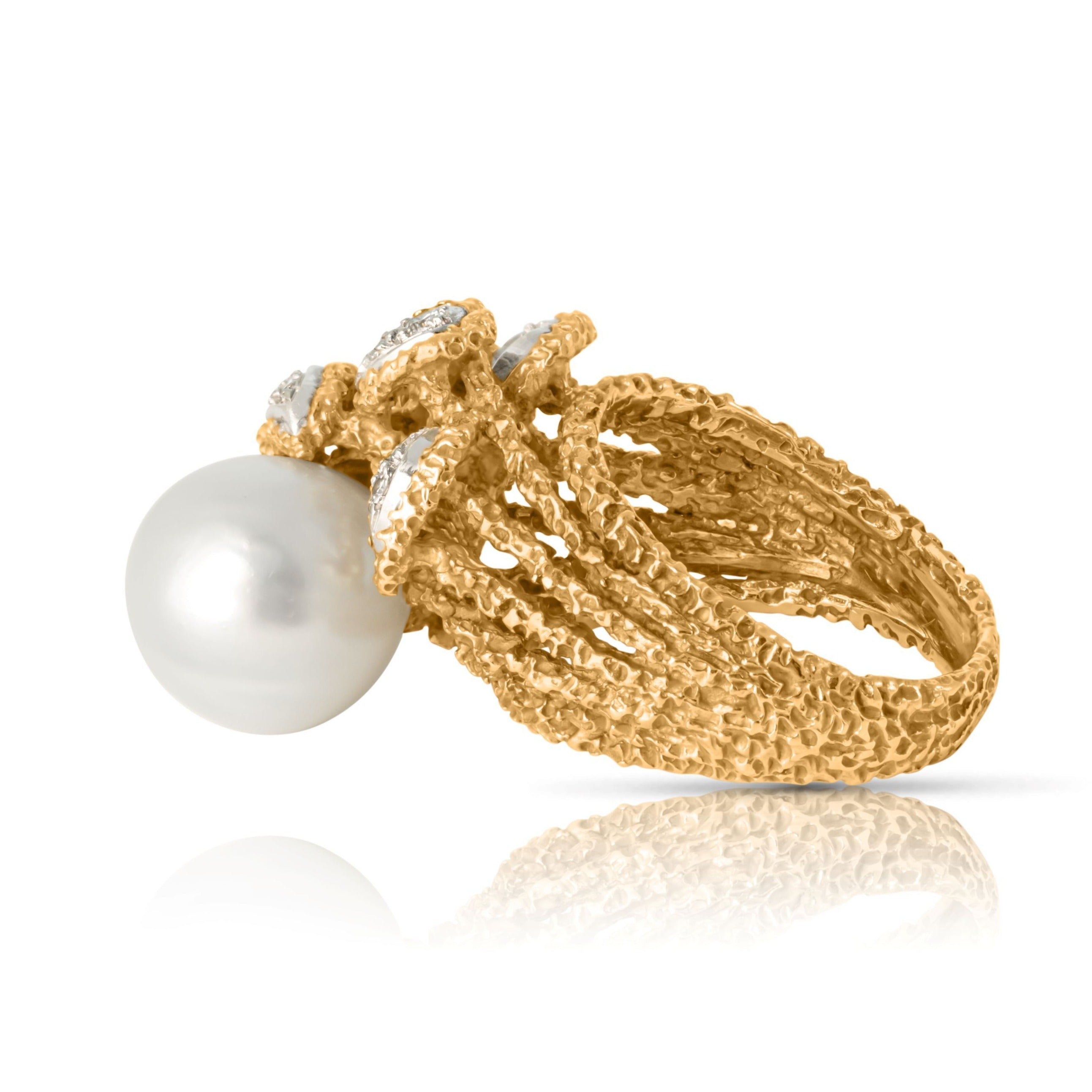 18K Pearl and Diamond Textured Foliate Ring