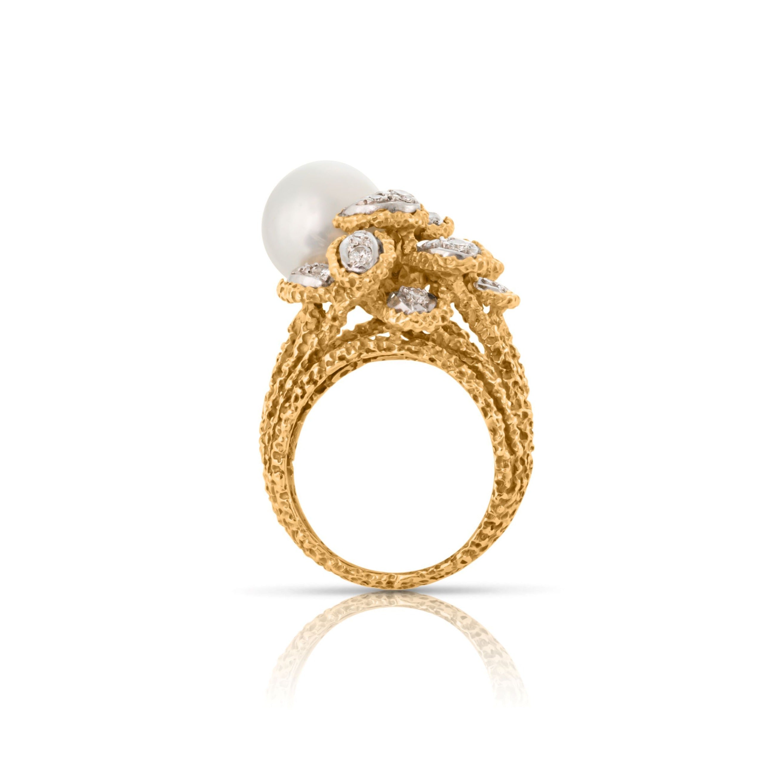 18K Pearl and Diamond Textured Foliate Ring