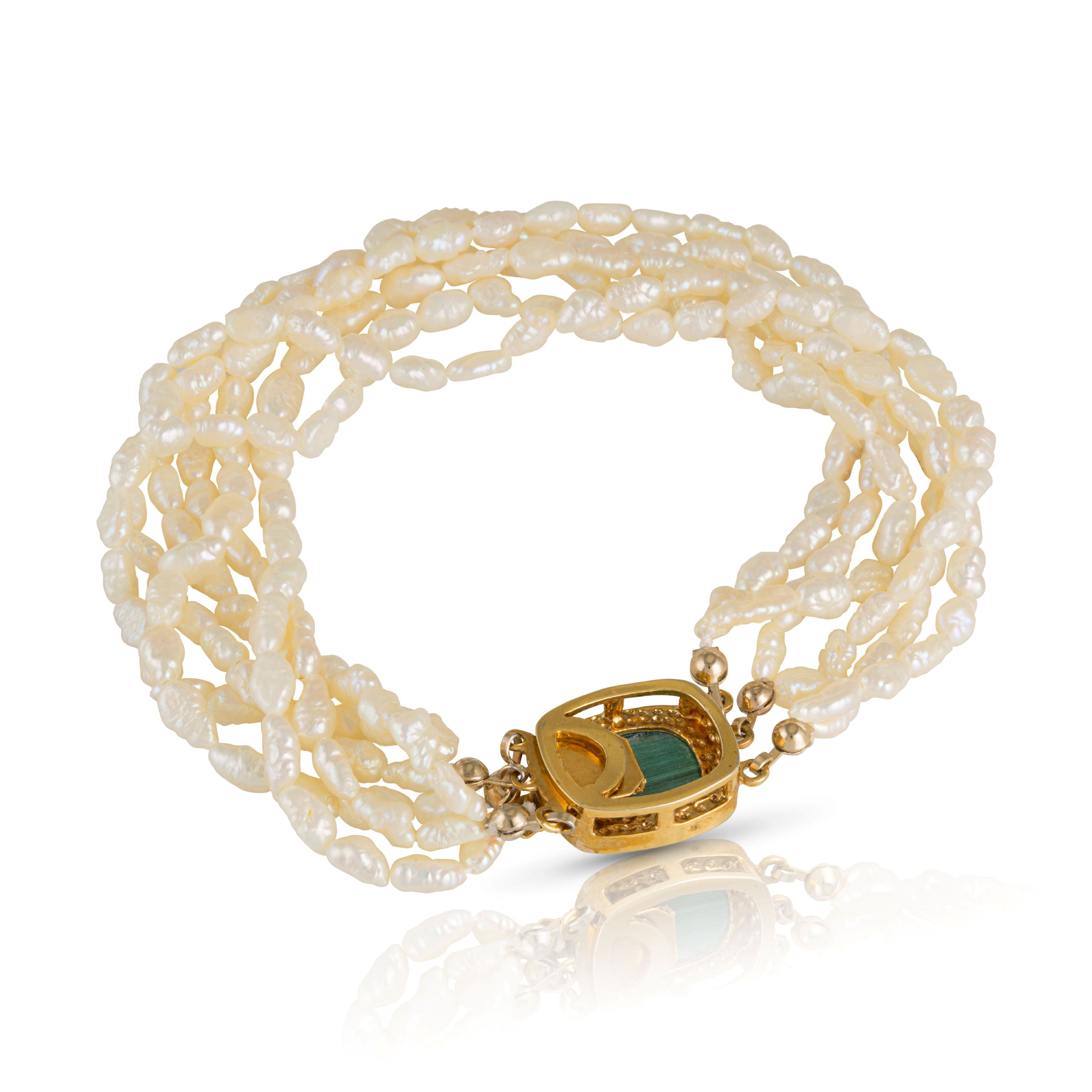 Estate biwa pearl bracelet with a synthetic malachite lobster clasp closure