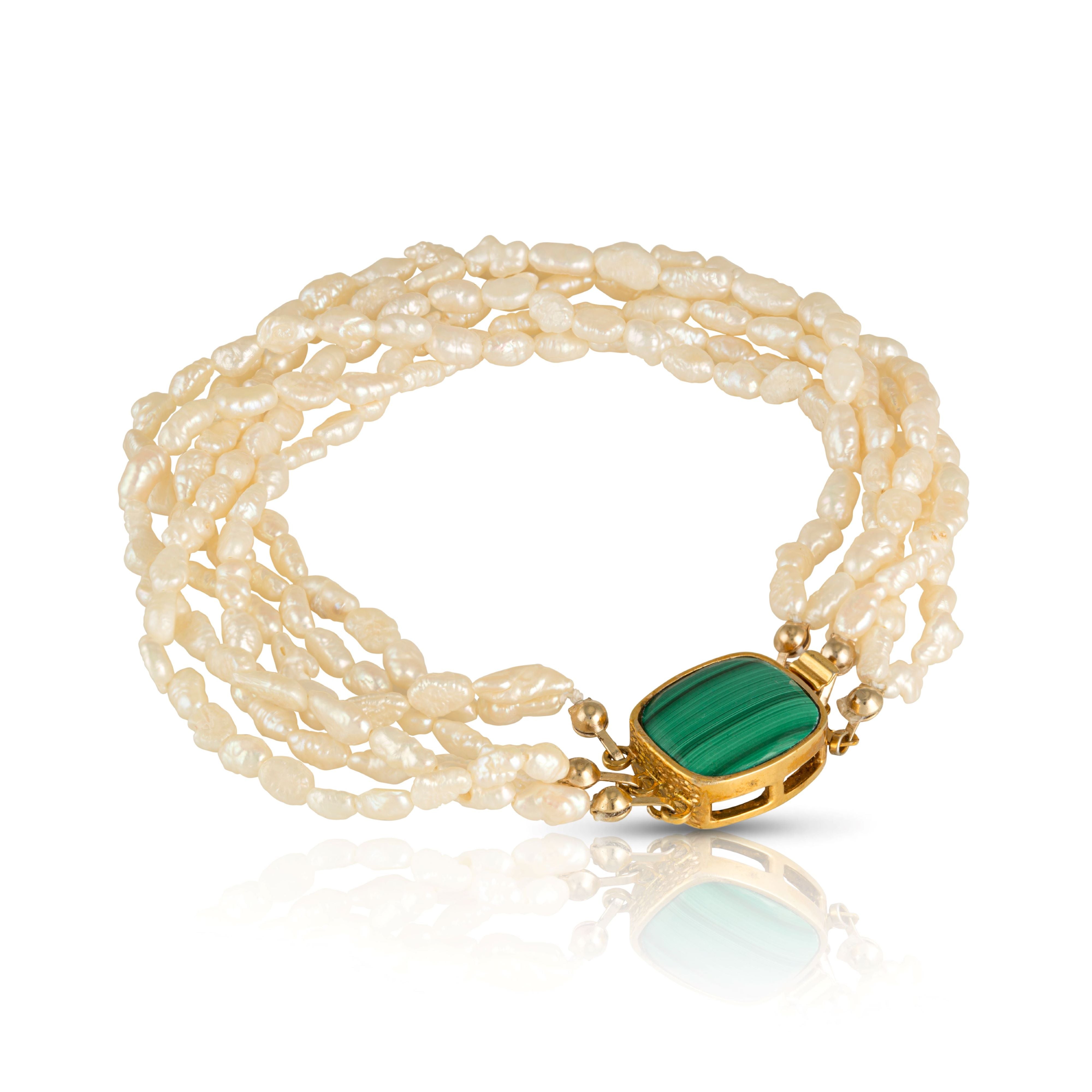 Estate biwa pearl bracelet with a synthetic malachite
