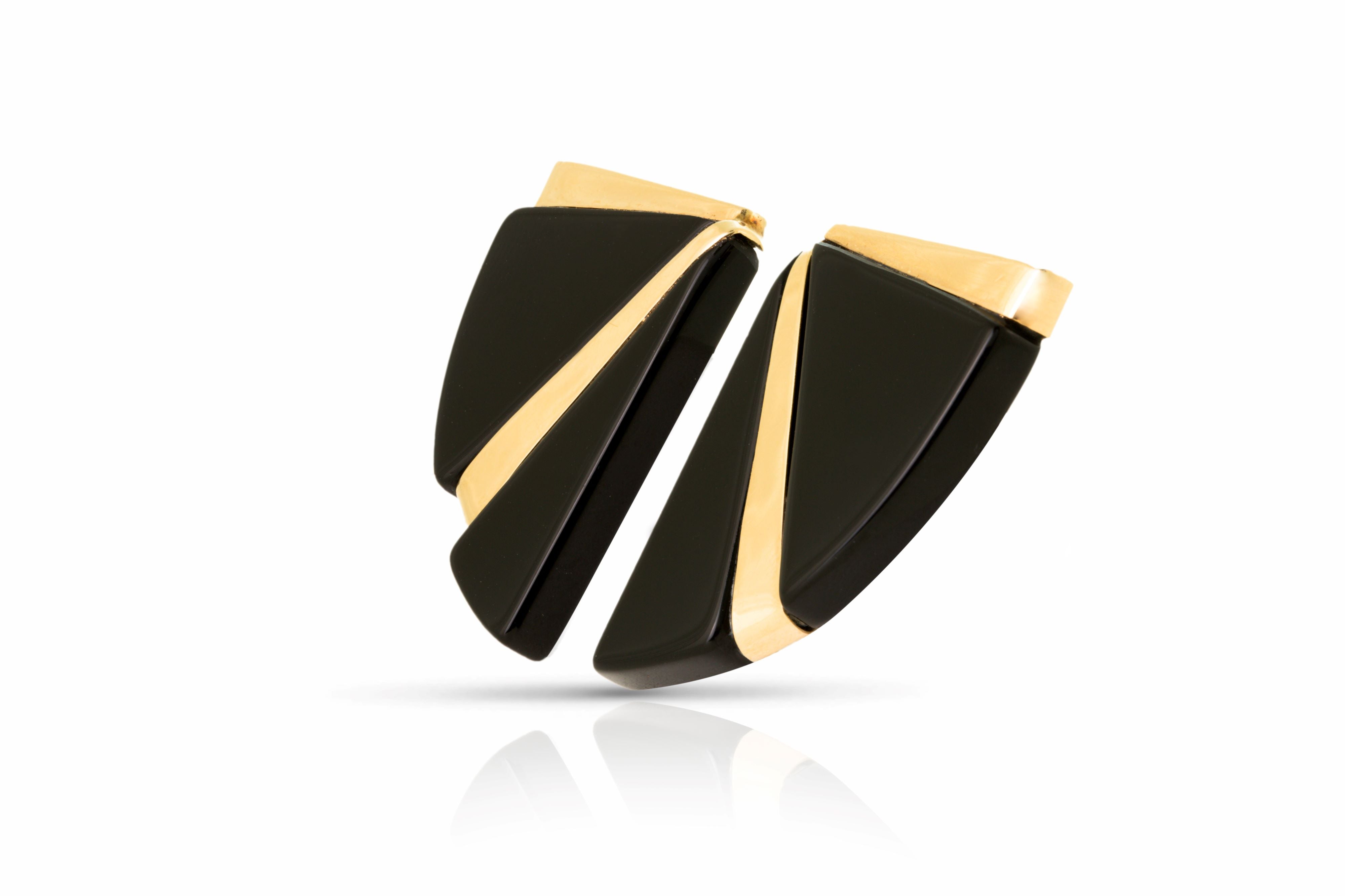 980s-1990s triangle earrings in gold and onyx fan-shaped design.