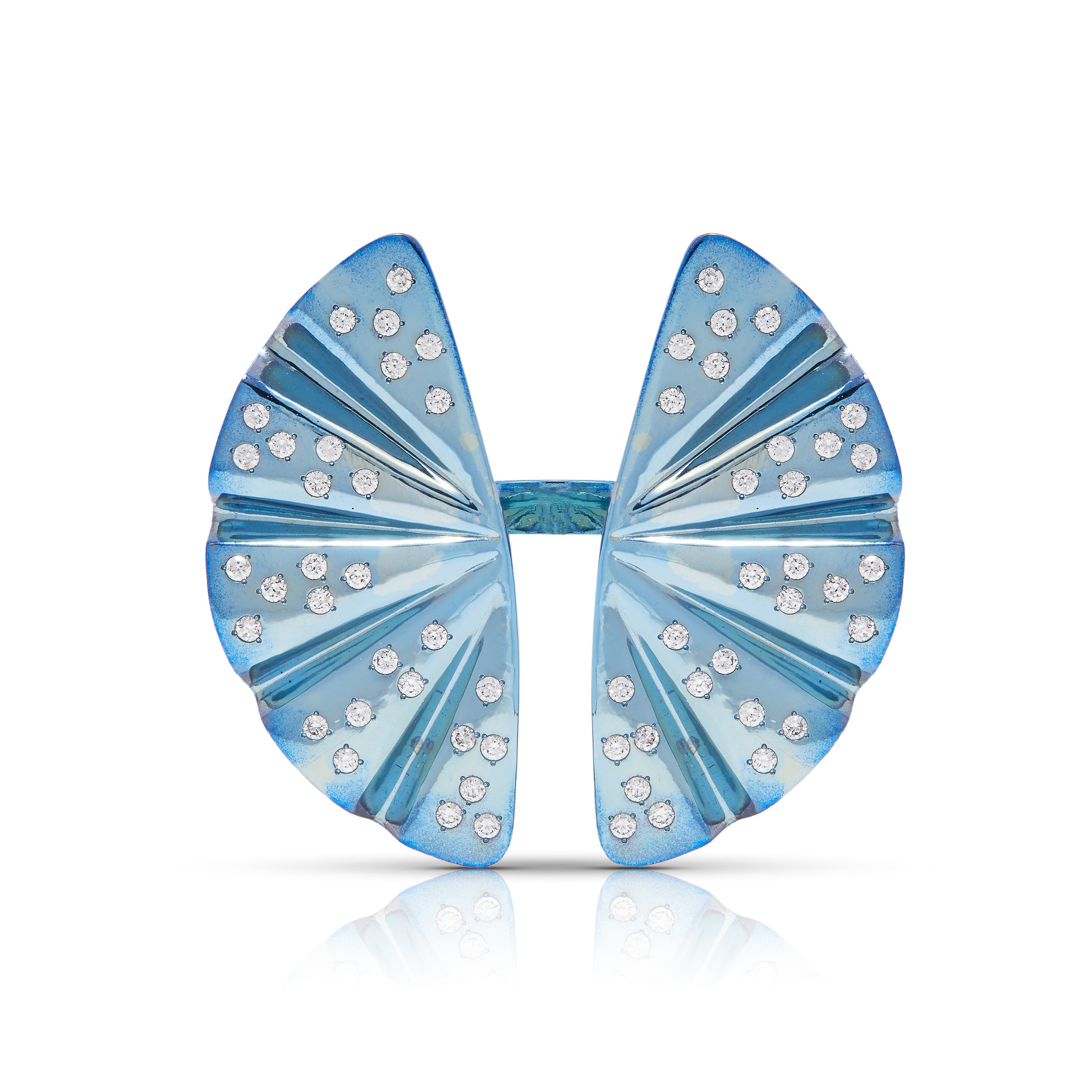 Front view of opened butterfly ring made of blue titanium and diamonds.