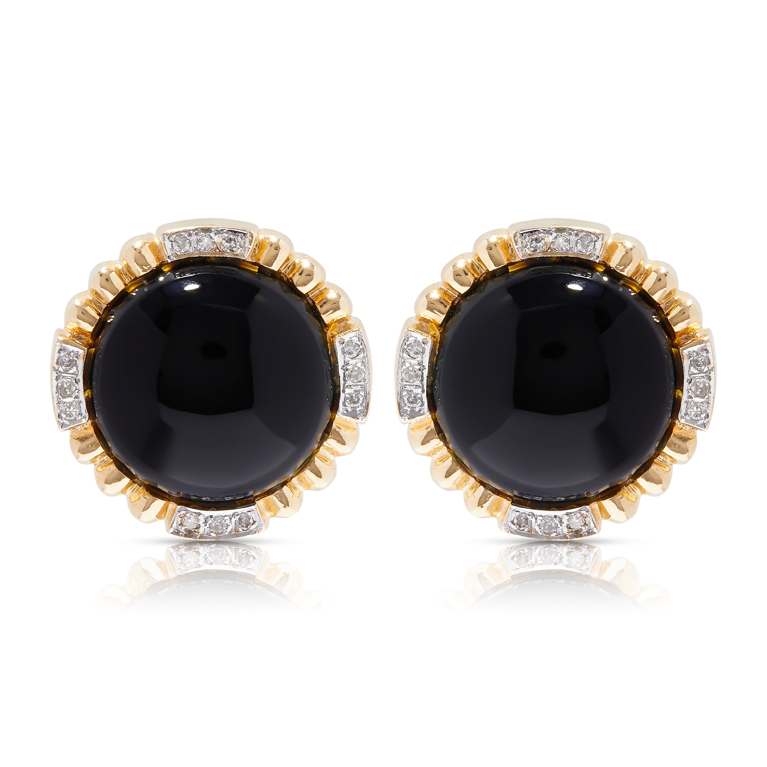 Vintage button earrings with black glass in 14ct gold and diamond frame.