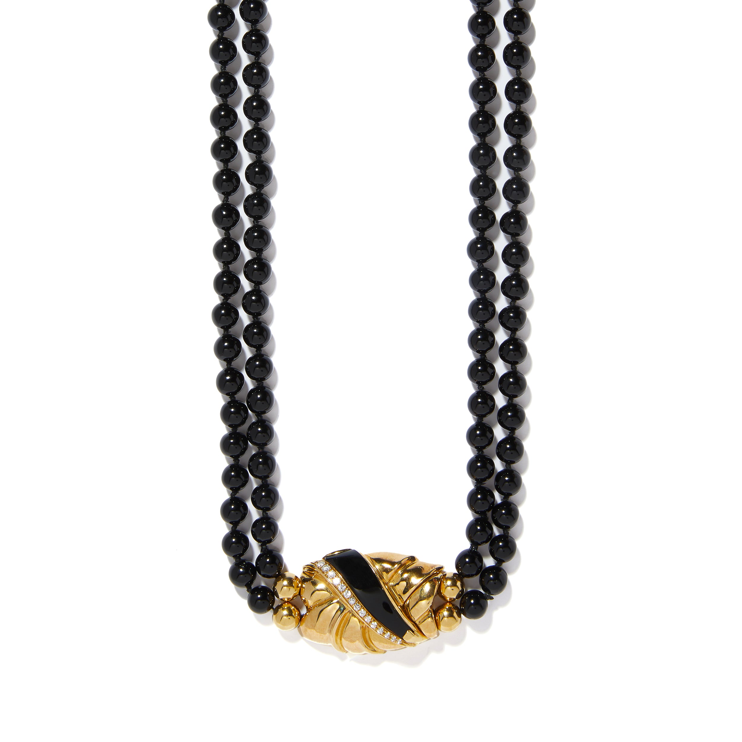 Collier de perles d'onyx noir double brin avec fermoir en or 18 carats