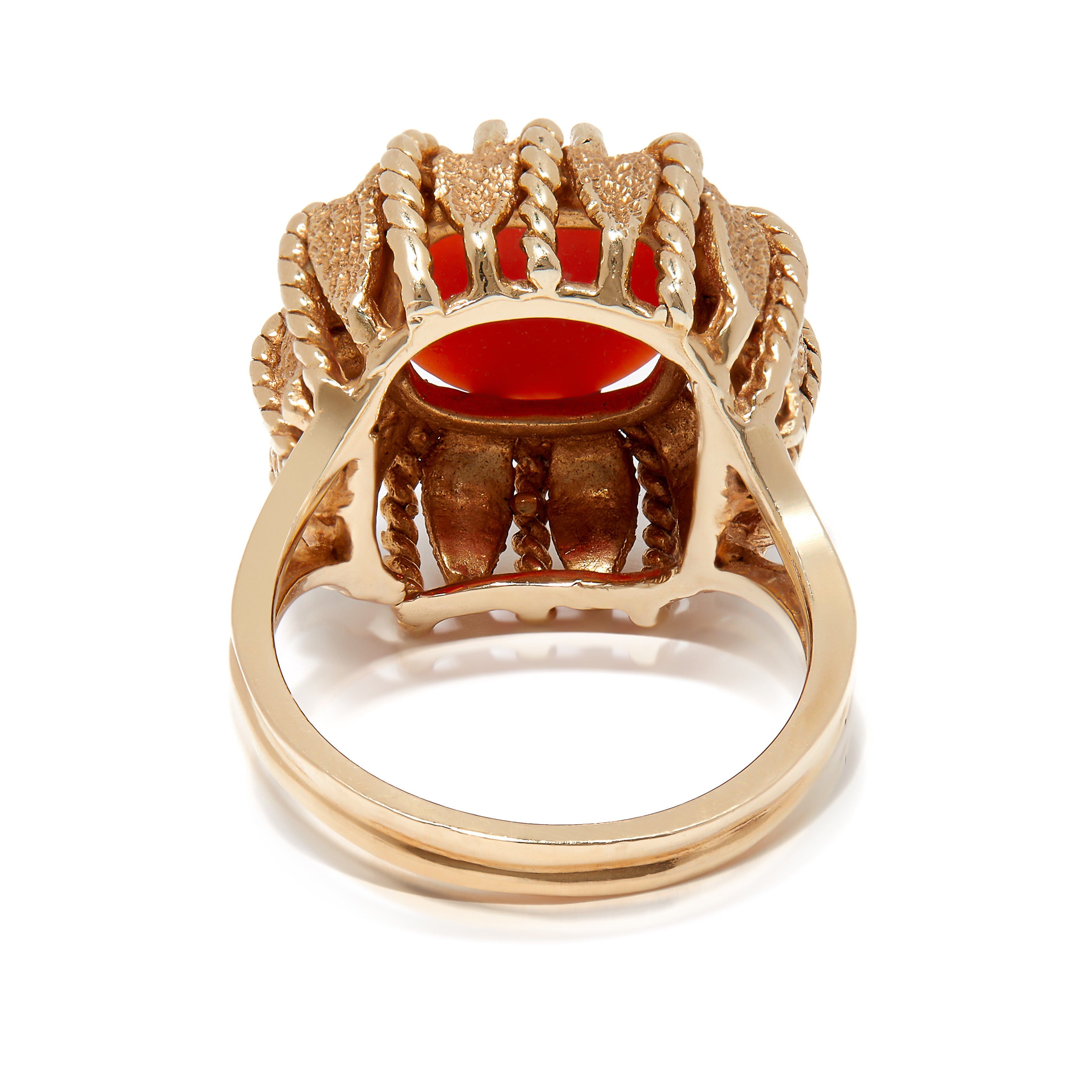 Back view of 1960s-1970s gold and coral cocktail ring. 
