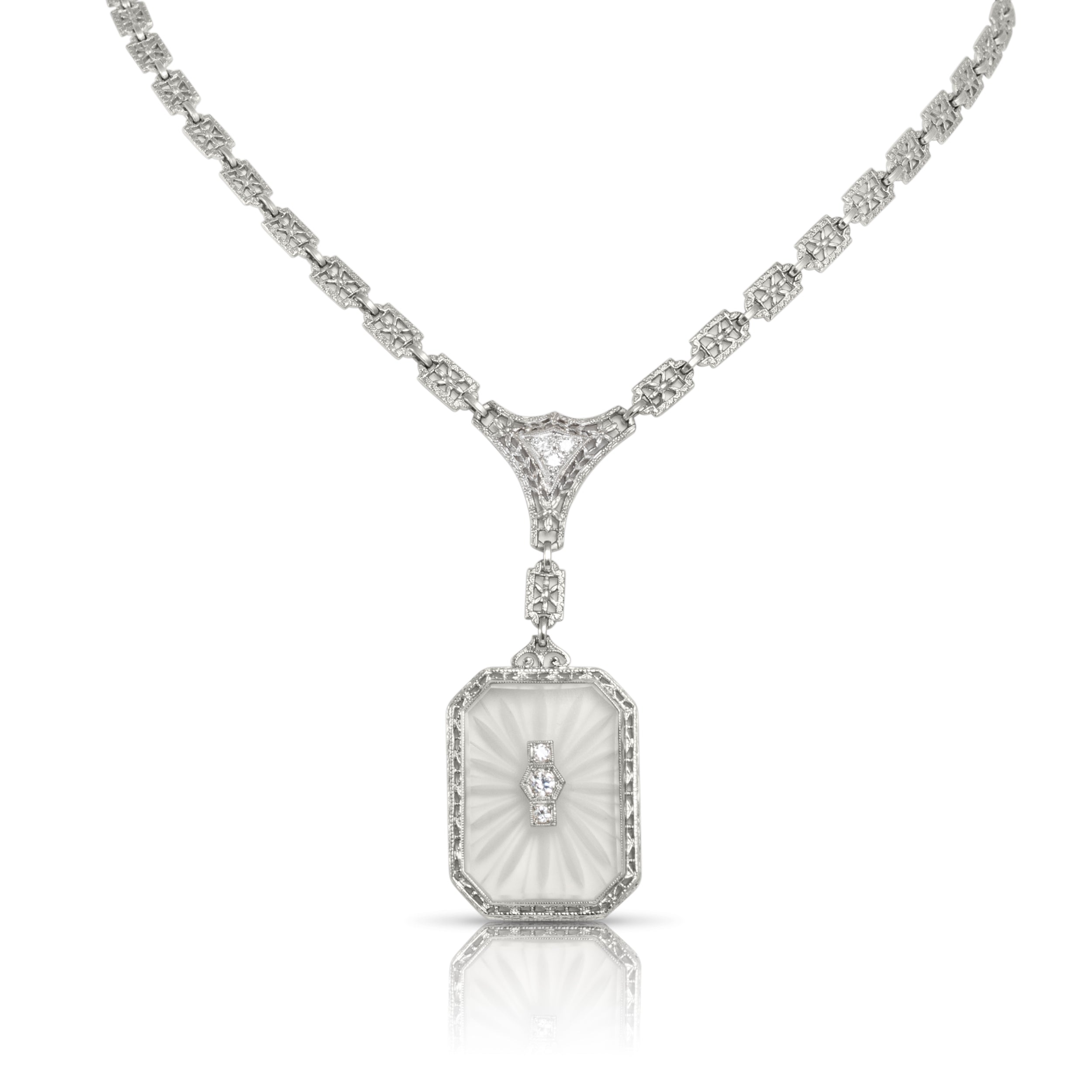 Art Deco platinum crystal necklace with rock quartz cabochon and diamonds