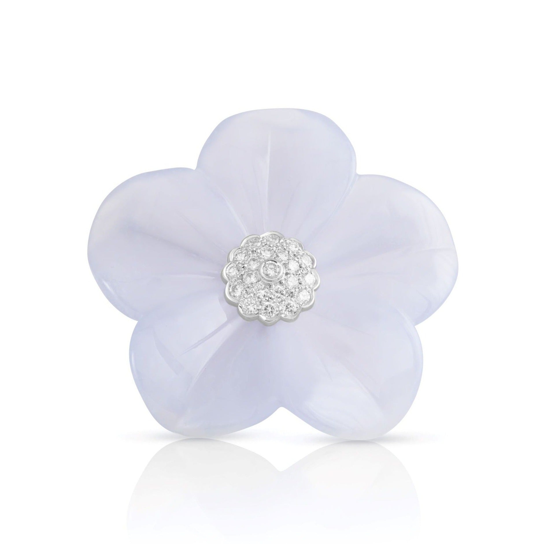 lue chalcedony flower brooch in 18ct white gold and diamonds.