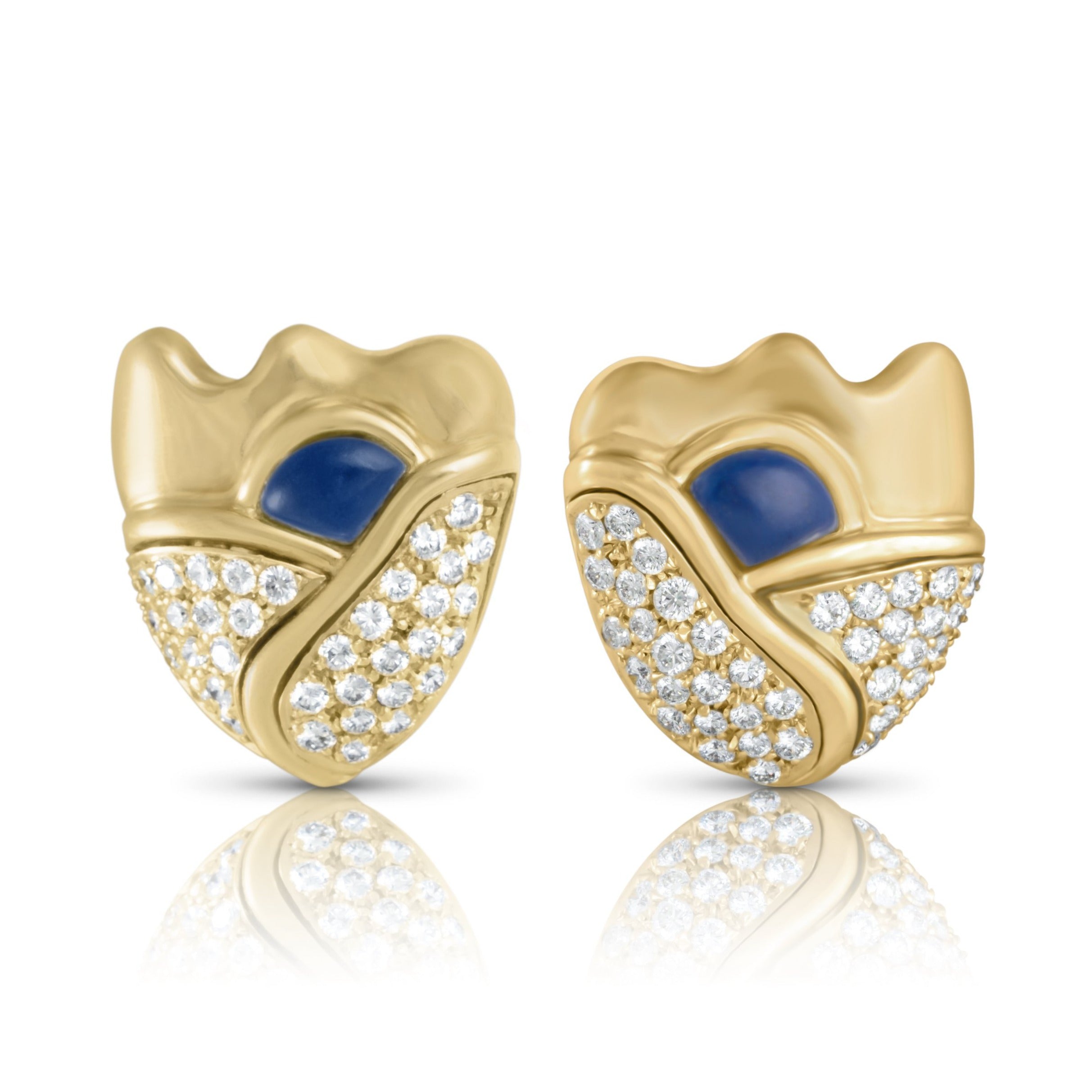 old and diamond flower stud earrings with triangle lapis lazuli cabochon.