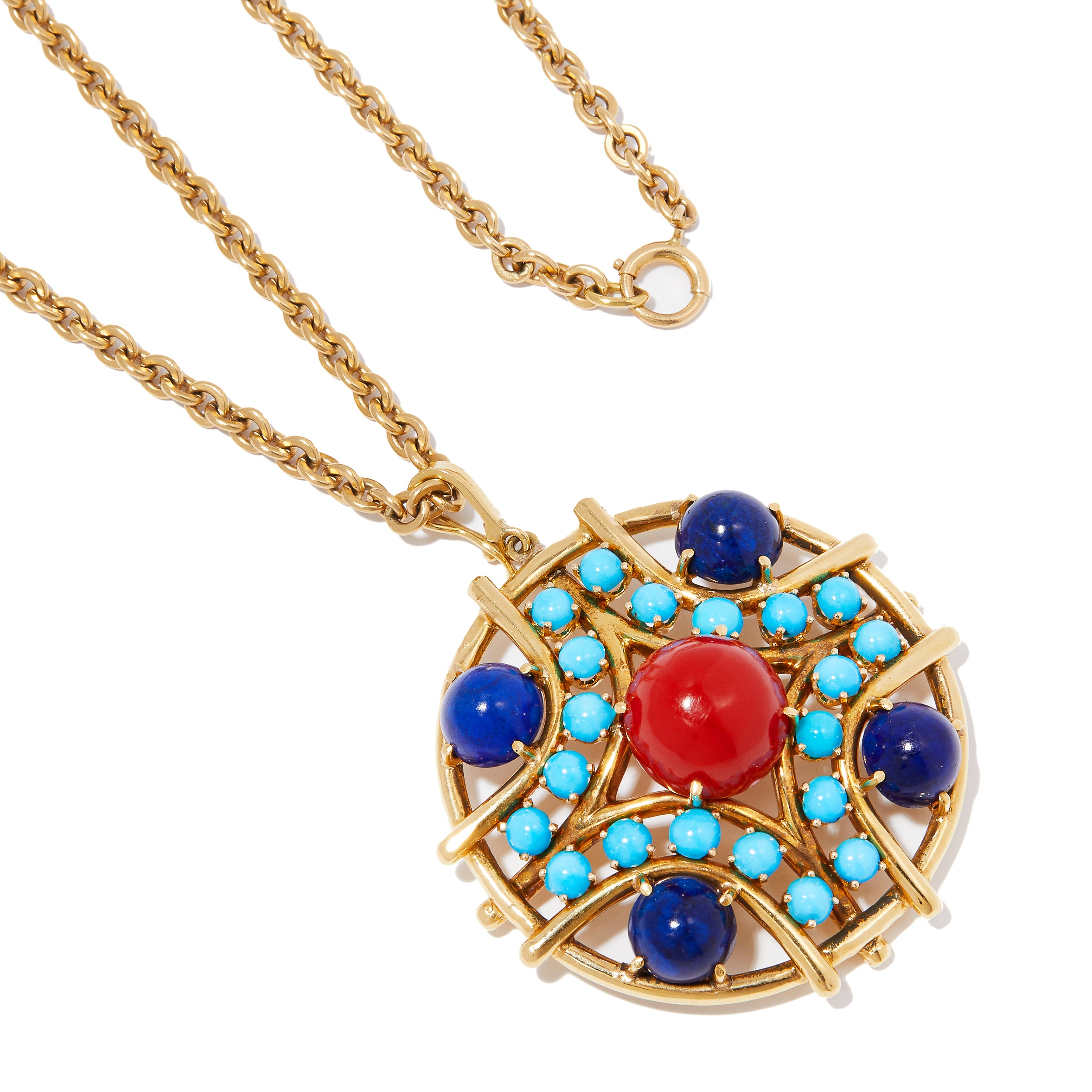 Vintage Saks Fifth Avenue gold medallion necklace with coral, turquoise, and lapis lazuli stones. 