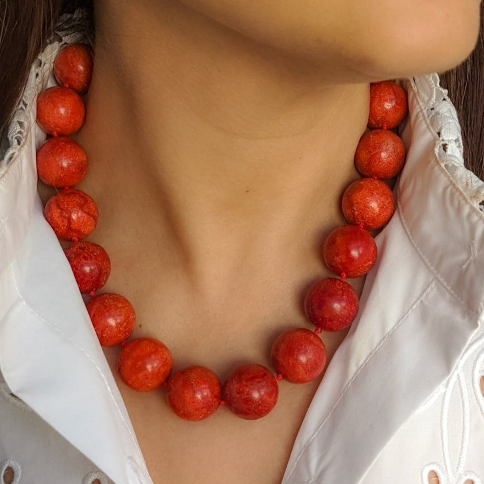 Hand Knotted Coral Bead Necklace with Sterling Silver