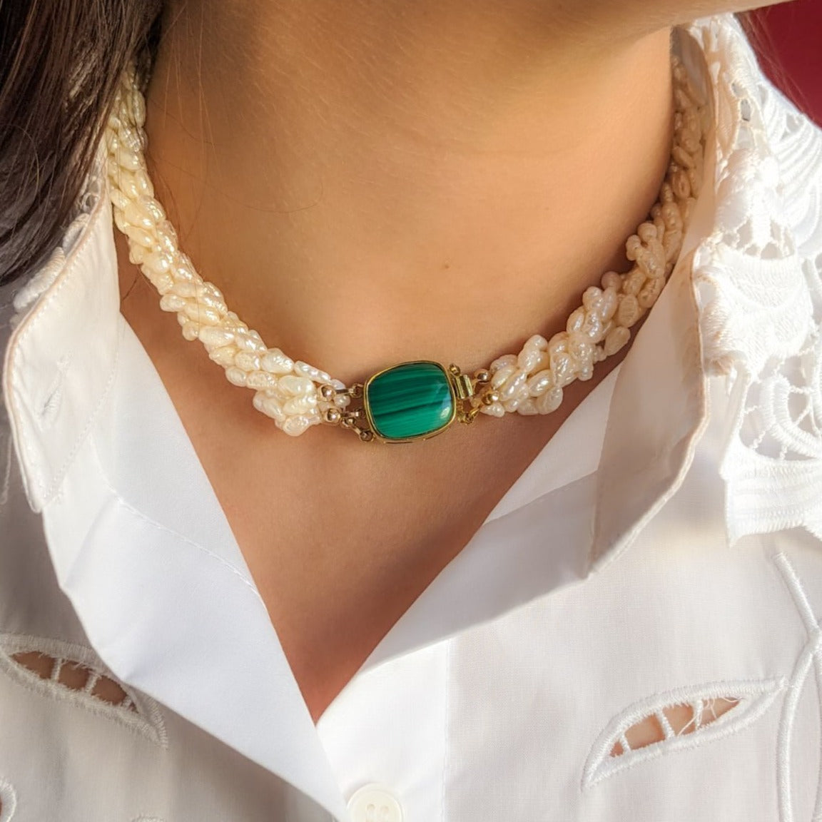 Estate Costume Biwa Pearl and Malachite Necklace