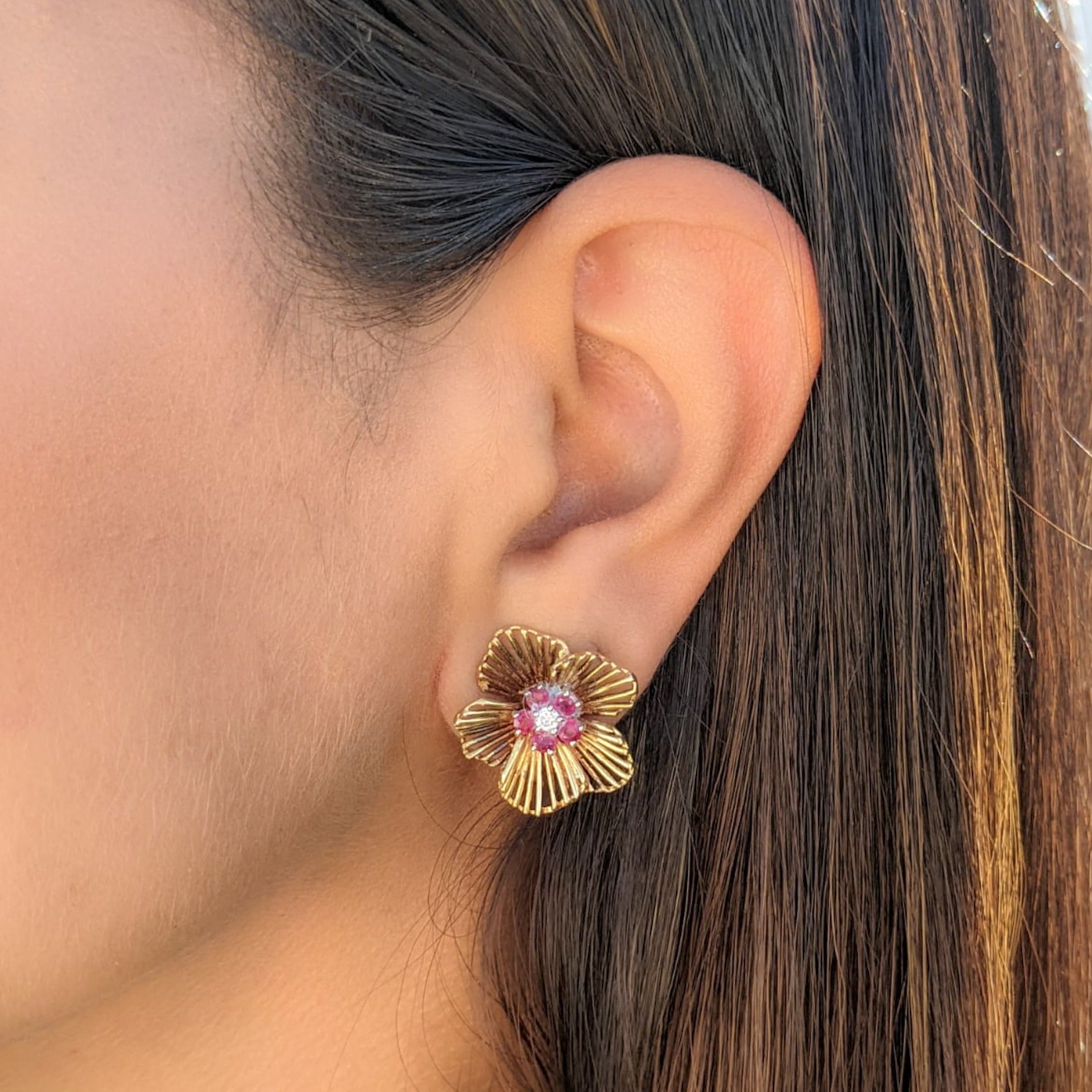 Retro Gold Ruby and Diamond Floral Earring and Brooch Set