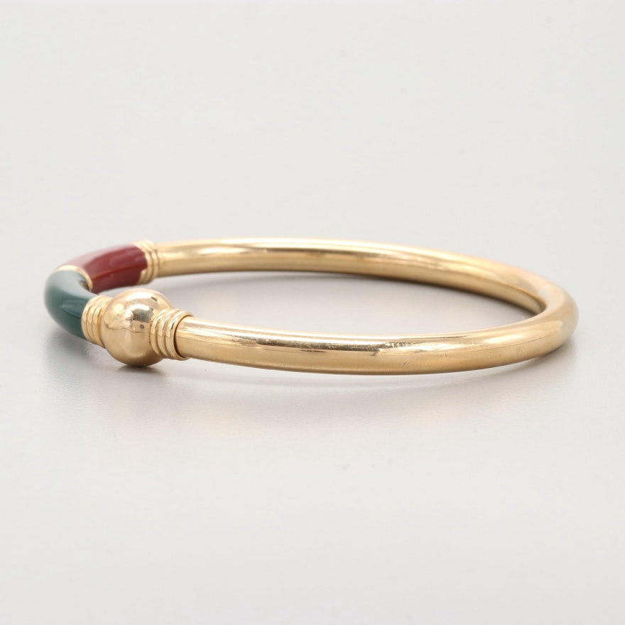 Vintage round single gold bangle with enamel and custom ball closure.