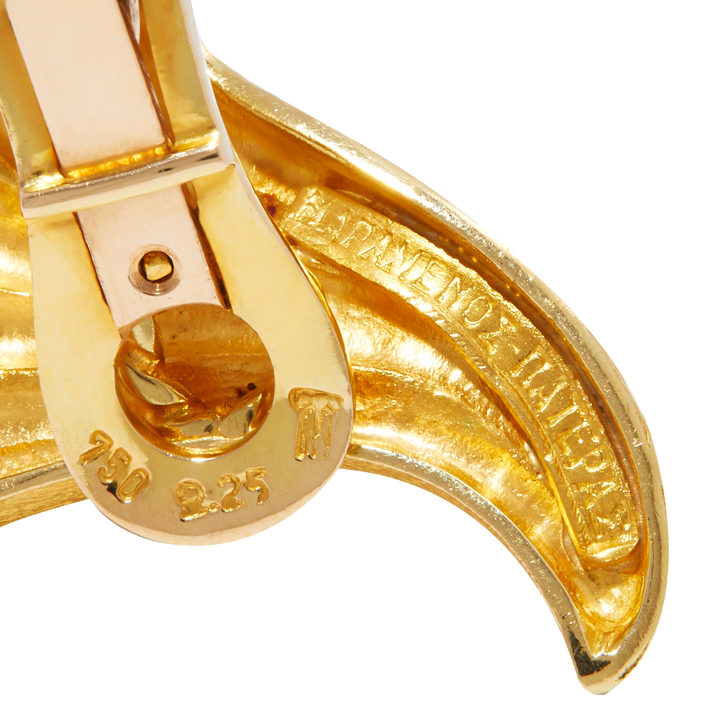 Hallmarks and signature on vintage Maramenos & Pateras 18ct gold earrings.