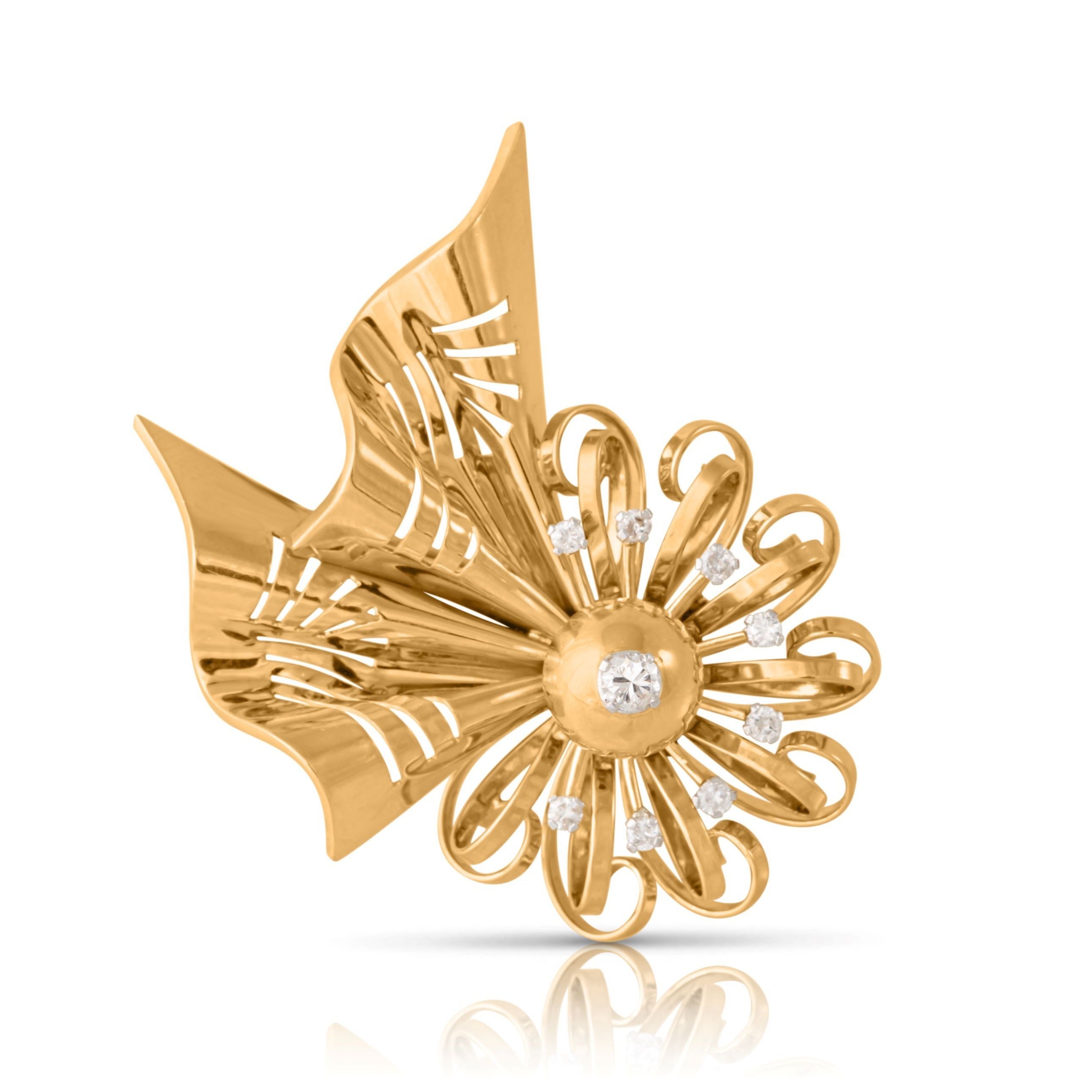 Retro ribbon and bow 18ct gold brooch with diamonds from the 1930s-1950s.