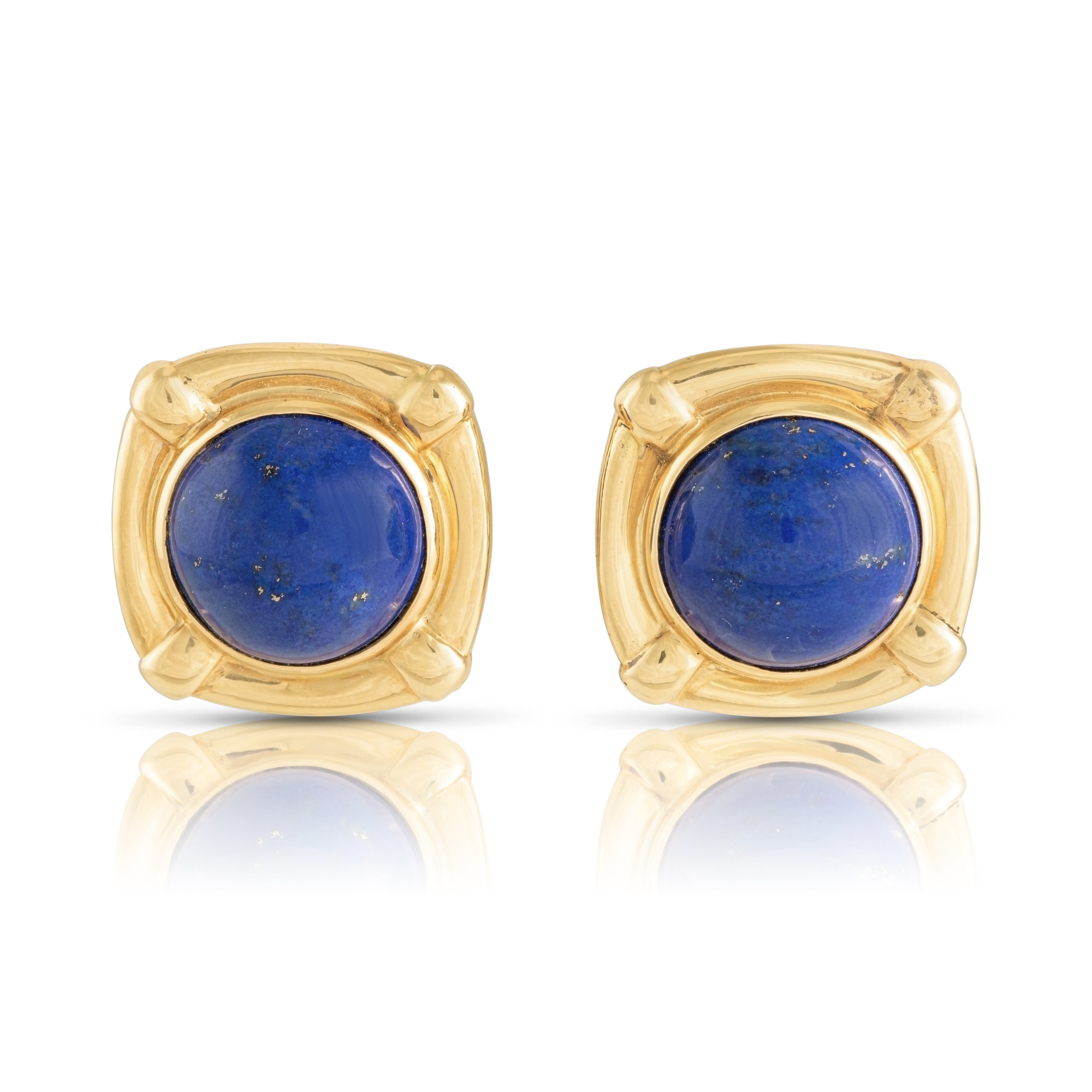 Vintage lapis lazuli earrings in 18ct gold square frames.
