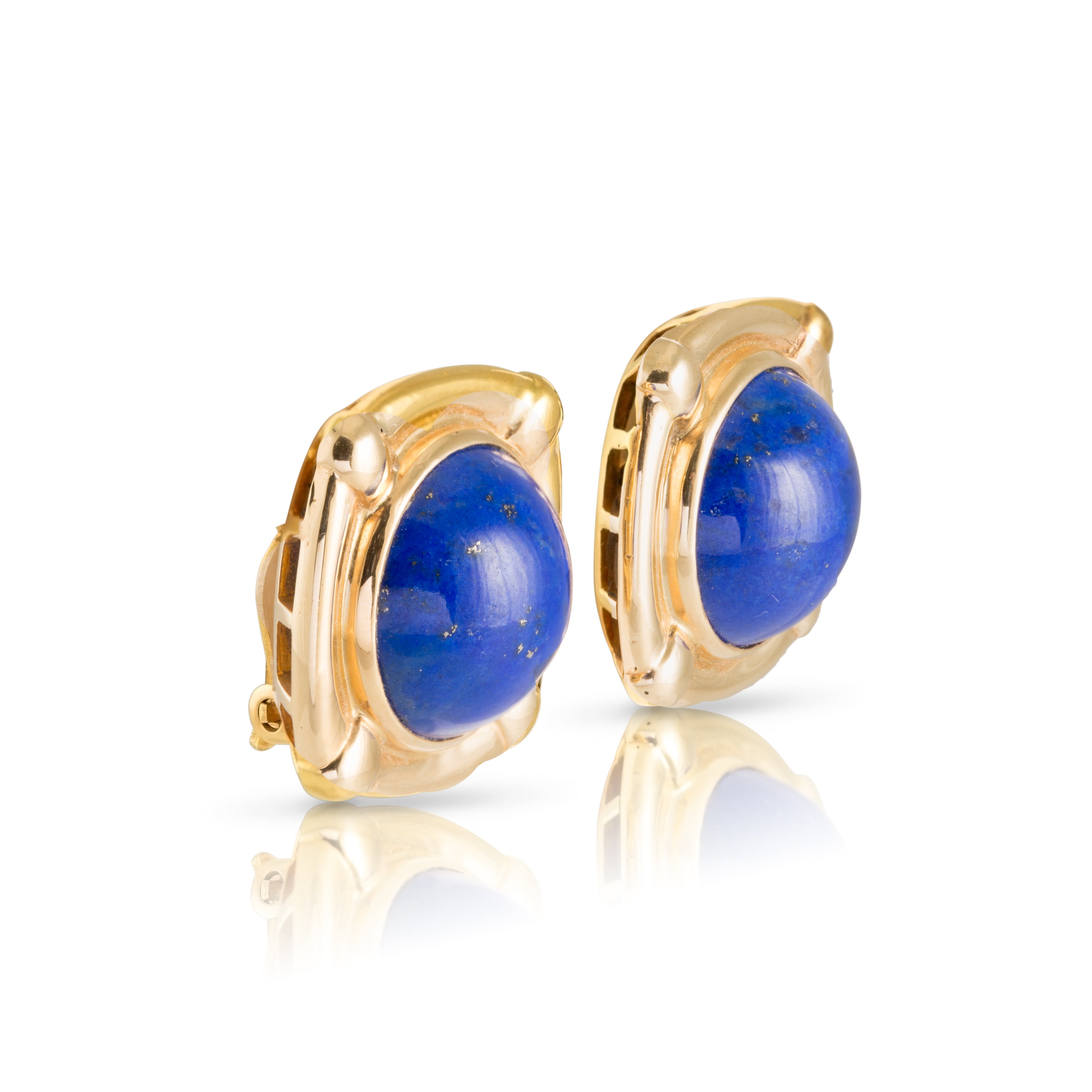 Side view of gold square earrings with lapis lazuli centres.