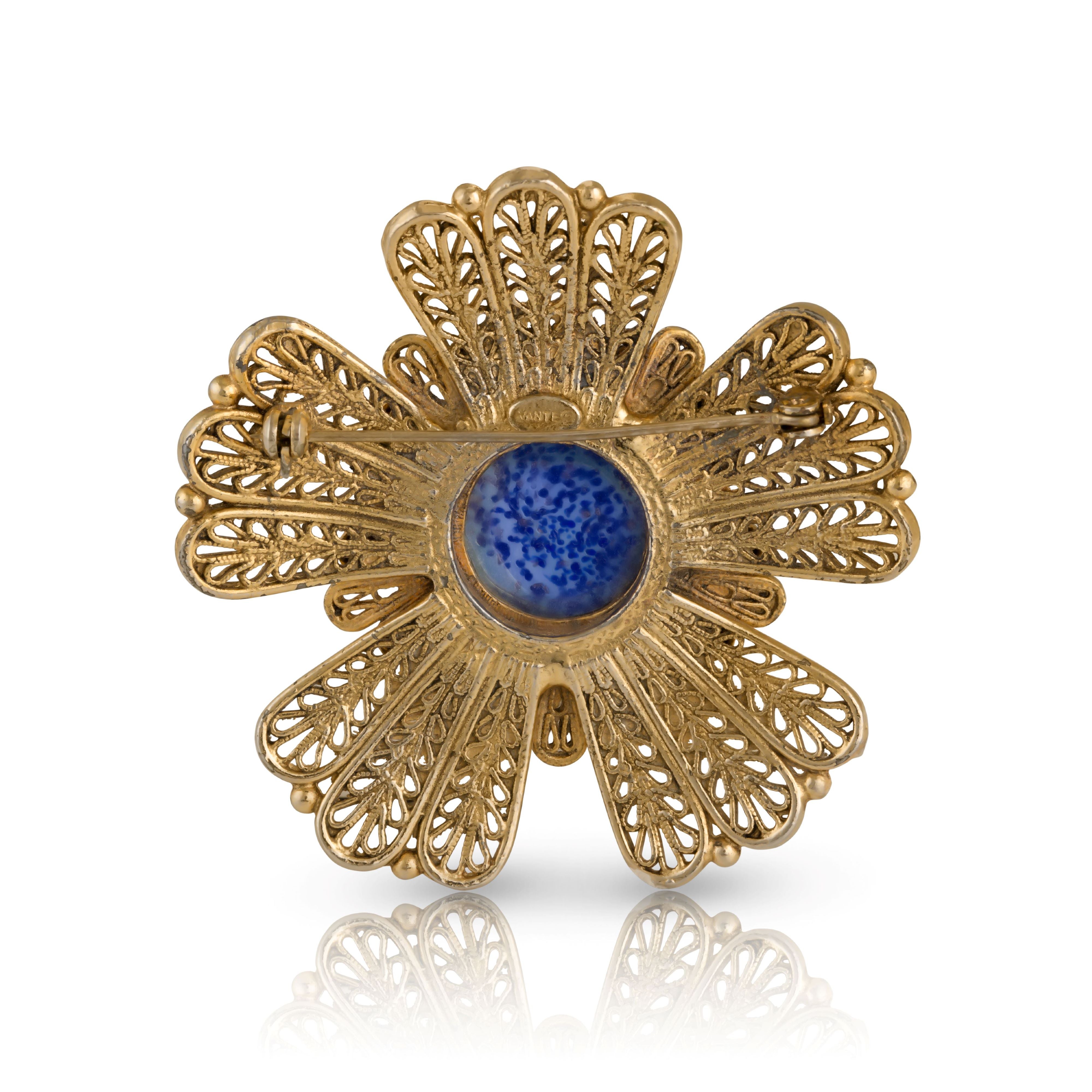 Back and clasp view of the 1960s costume Lapis Lazuli designer brooch 