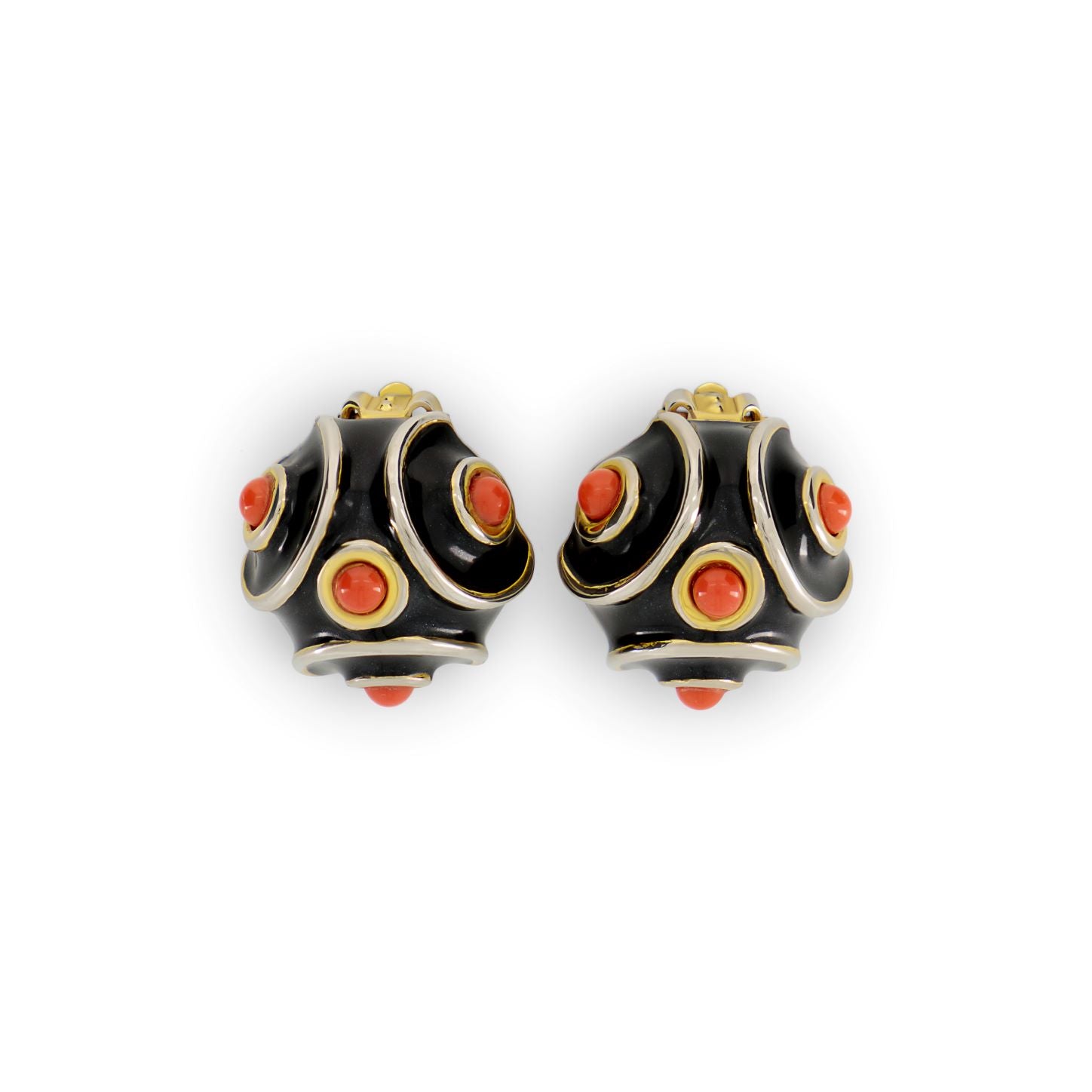 Vintage Kenneth Jay Lane colourful earrings in gold-plated metal with black and orange enamel. 