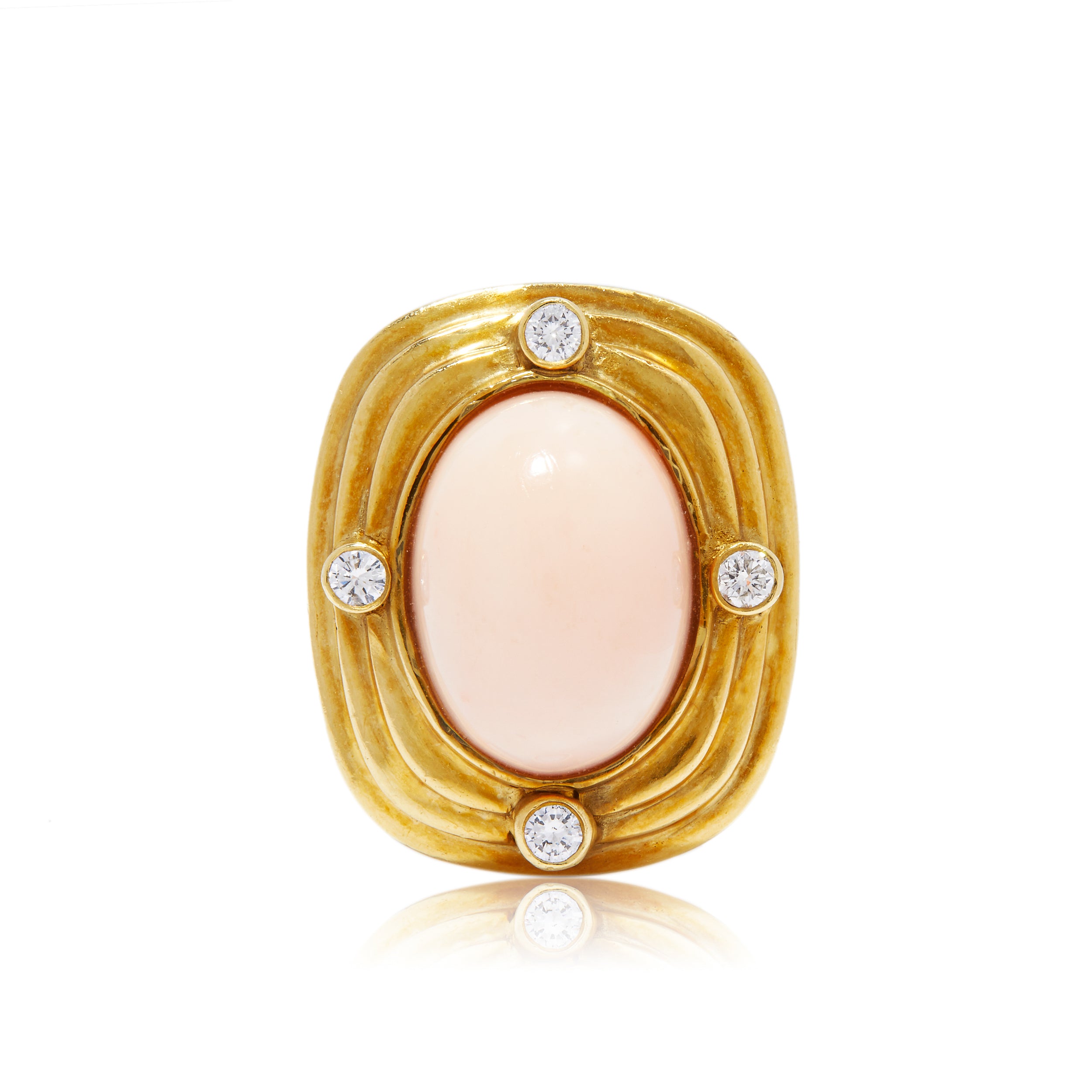 Vintage 1980s gold statement ring with cabochon coral in angel-skin colour and four diamonds.