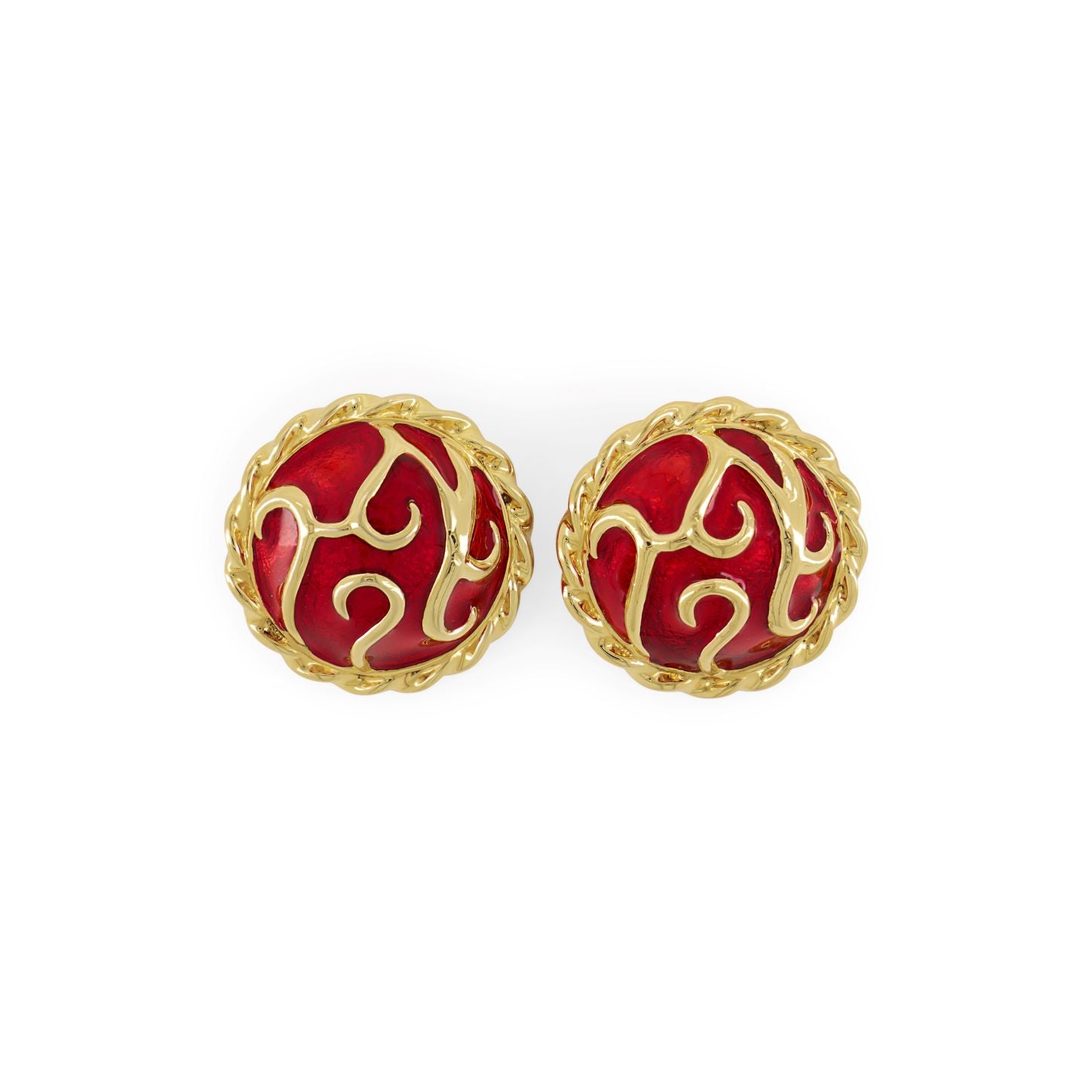 Vintage costume clip earrings in gold-plated metal and red enamel